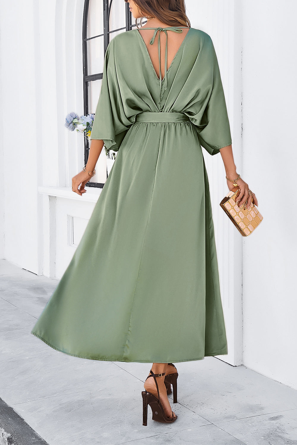 Elegant Summer Beach Wedding Guest Dress for Women Over 50: Slit Tied V-Neck with Three-Quarter Sleeves Party Dress