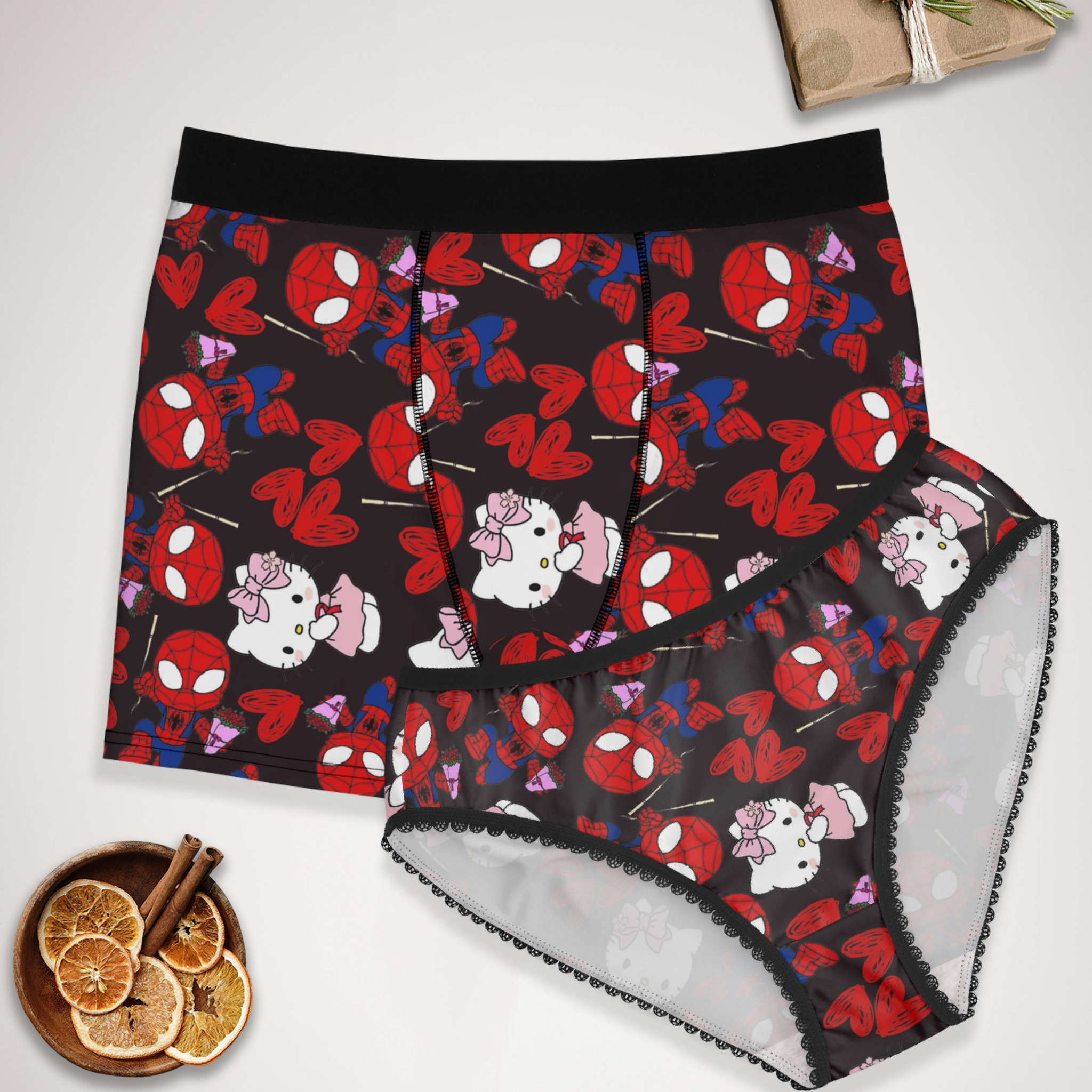 Couples matching spider kitty flower underwear set boxer & briefs