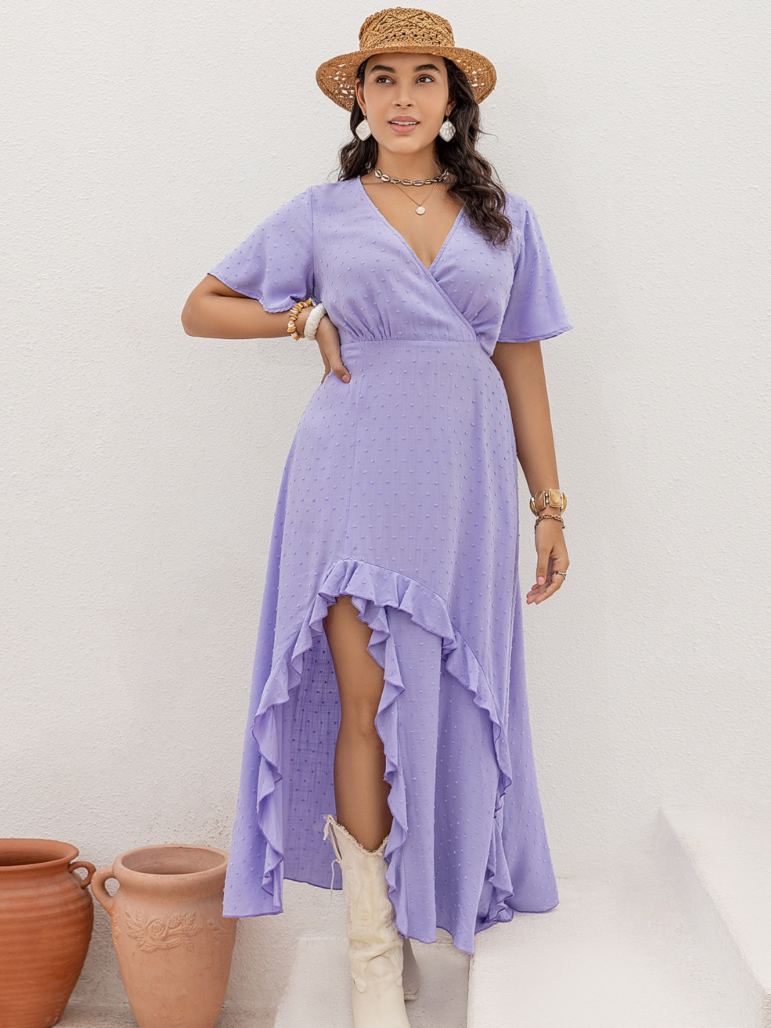 Elegant Plus Size Beach Wedding Guest Dress - Swiss Dot High-Low Surplice Style for Perfect Summer Celebrations