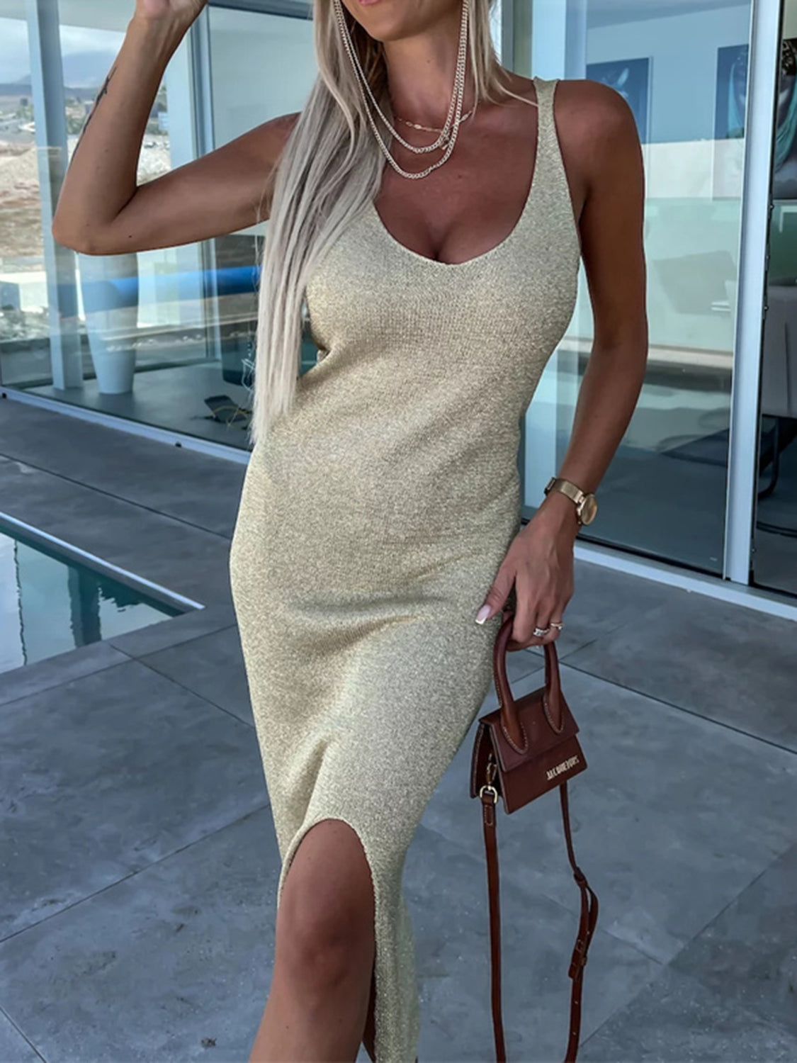 Elegant Slit Scoop Neck Midi Cami Dress for Women Over 50 - Perfect Summer Beach Wedding Guest Party Outfit