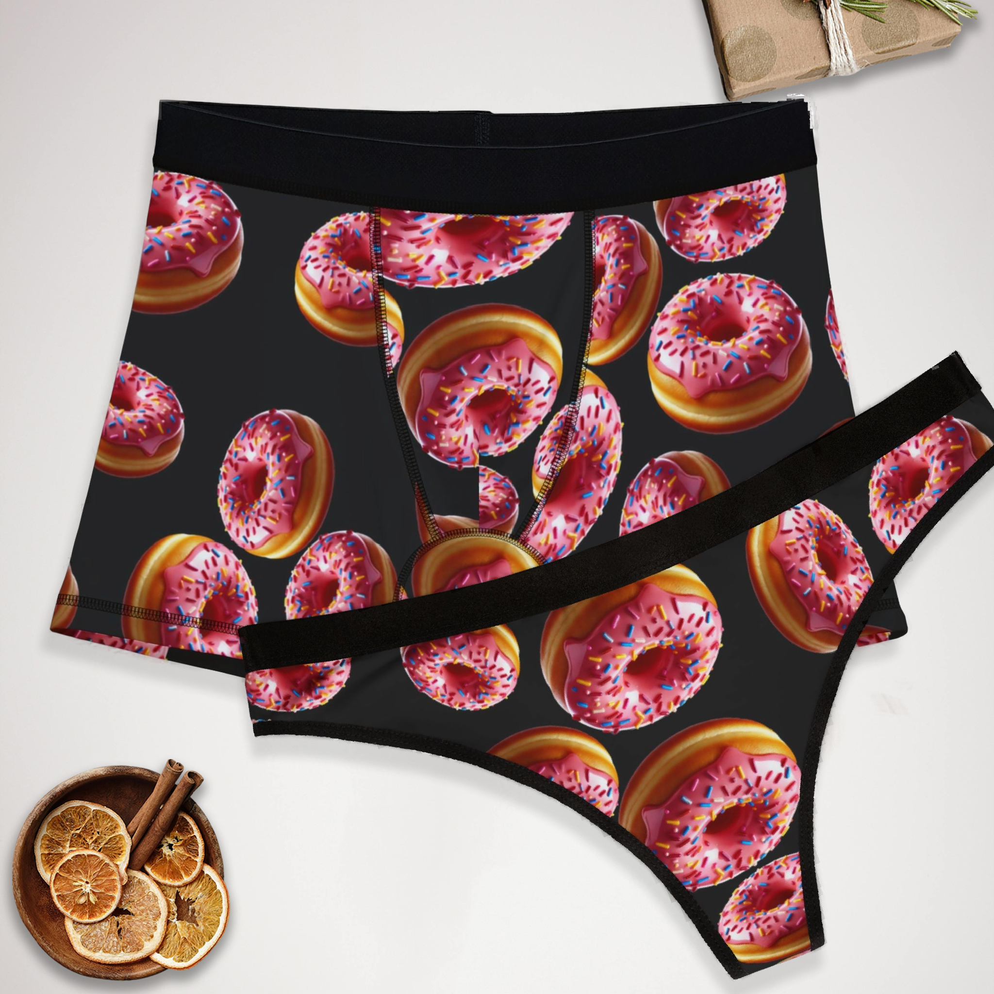 Couples matching  donut character underwear set boxer and thong