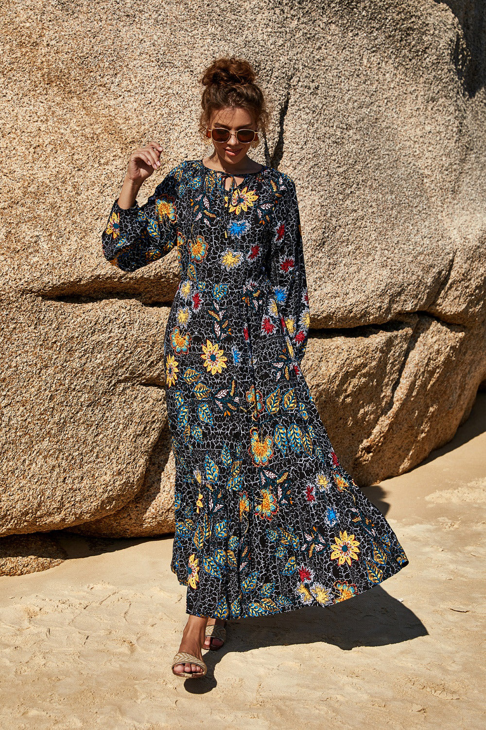 Elegant Printed Tie Neck Long Sleeve Dress for Women Over 50 - Perfect Summer Beach Wedding Guest Party Attire