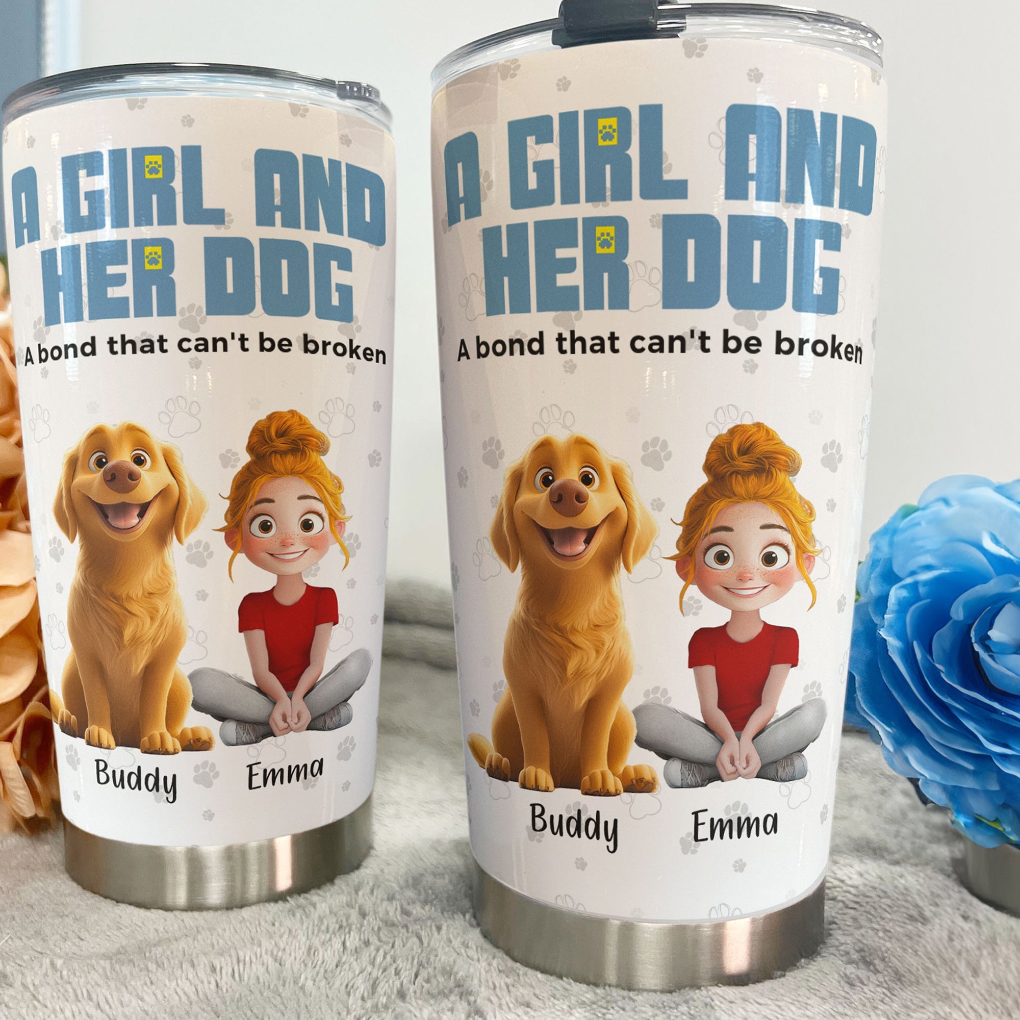 Personalized Girl & Her Dog 20 oz Stainless Steel Tumbler Cup