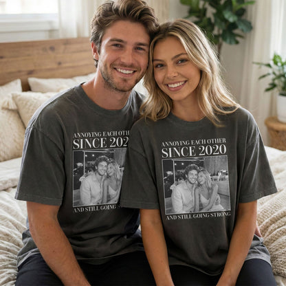 Personalized Vintage Photo Couple Comfort Tee – Annoying Each Other & Still Going Strong