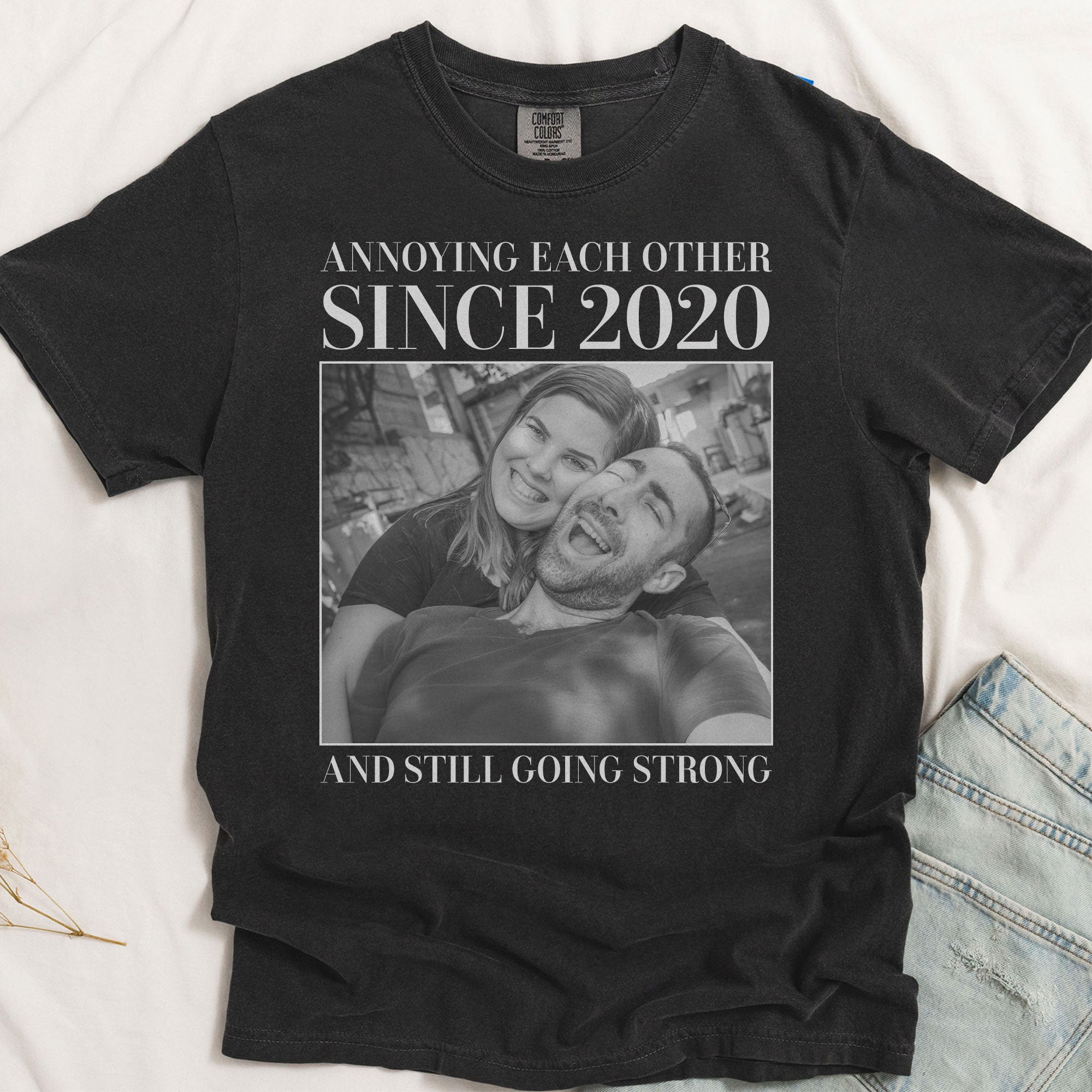 Personalized Vintage Photo Couple Comfort Tee – Annoying Each Other & Still Going Strong