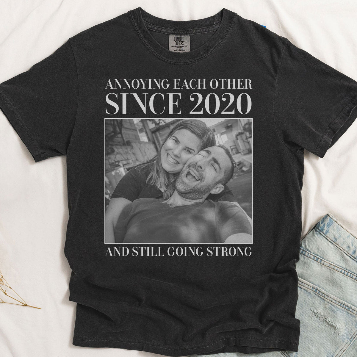 Personalized Vintage Photo Couple Comfort Tee – Annoying Each Other & Still Going Strong