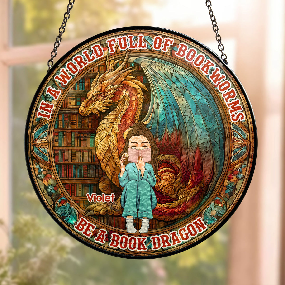 Personalized “Be a Book Dragon” Stained Glass Window Hanging Suncatcher