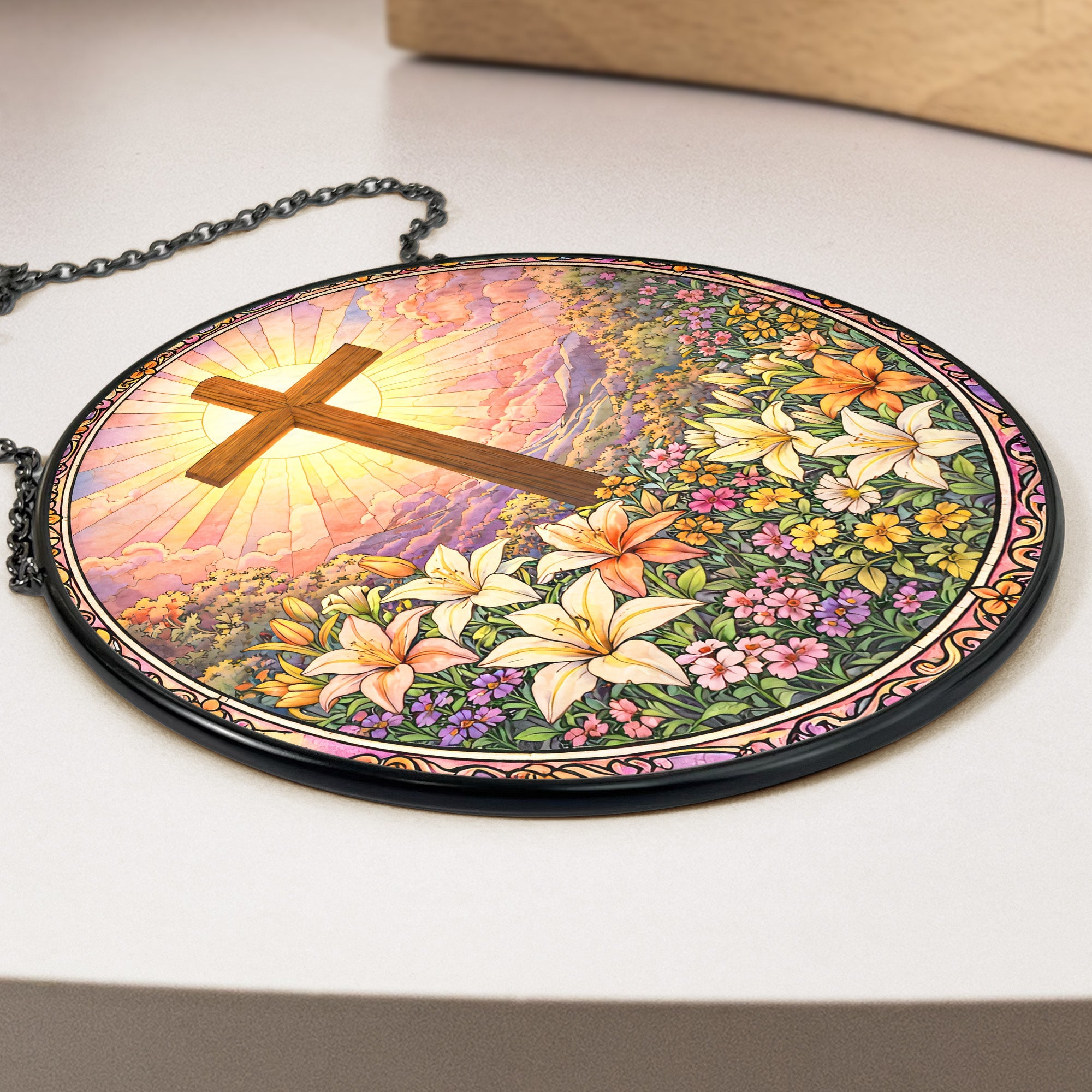 Christ Cross And Wildflowers - Personalized Stained Glass Window Hanging Suncatcher