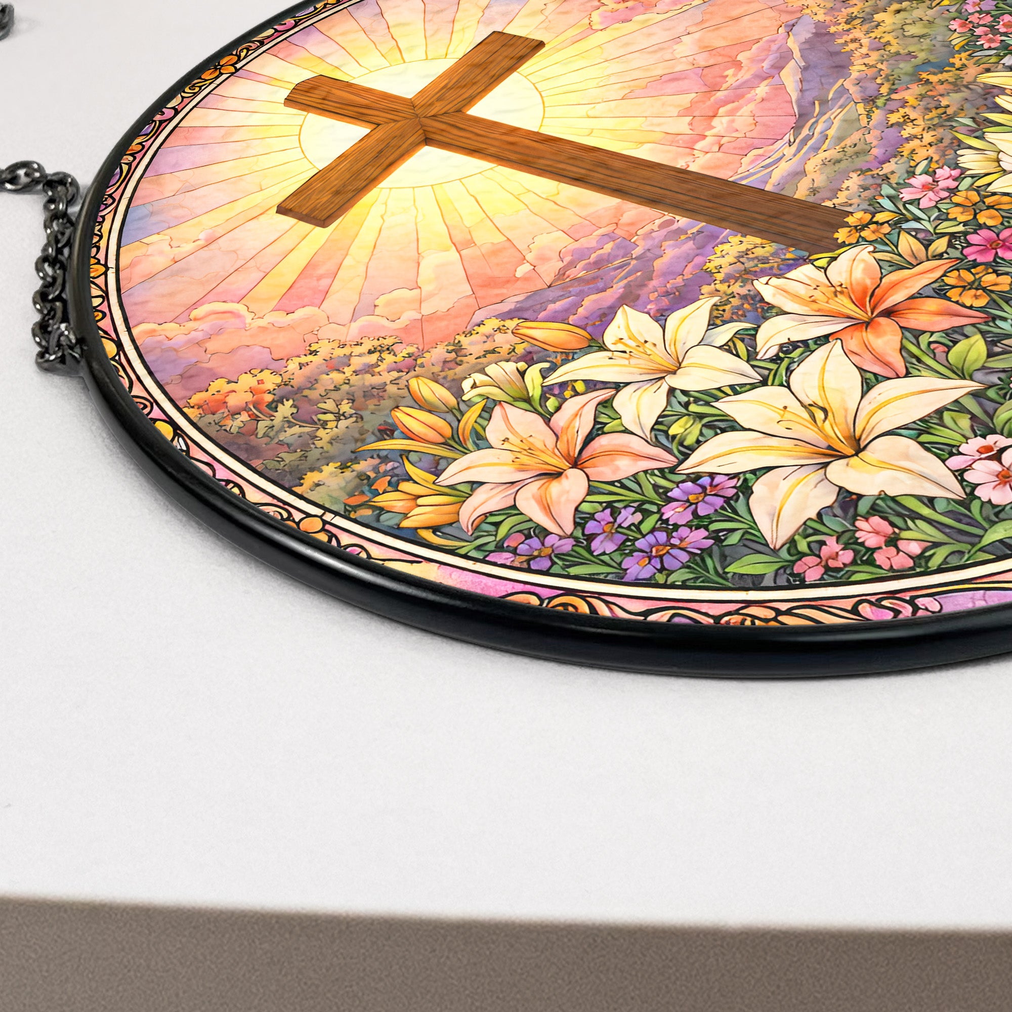 Christ Cross And Wildflowers - Personalized Stained Glass Window Hanging Suncatcher