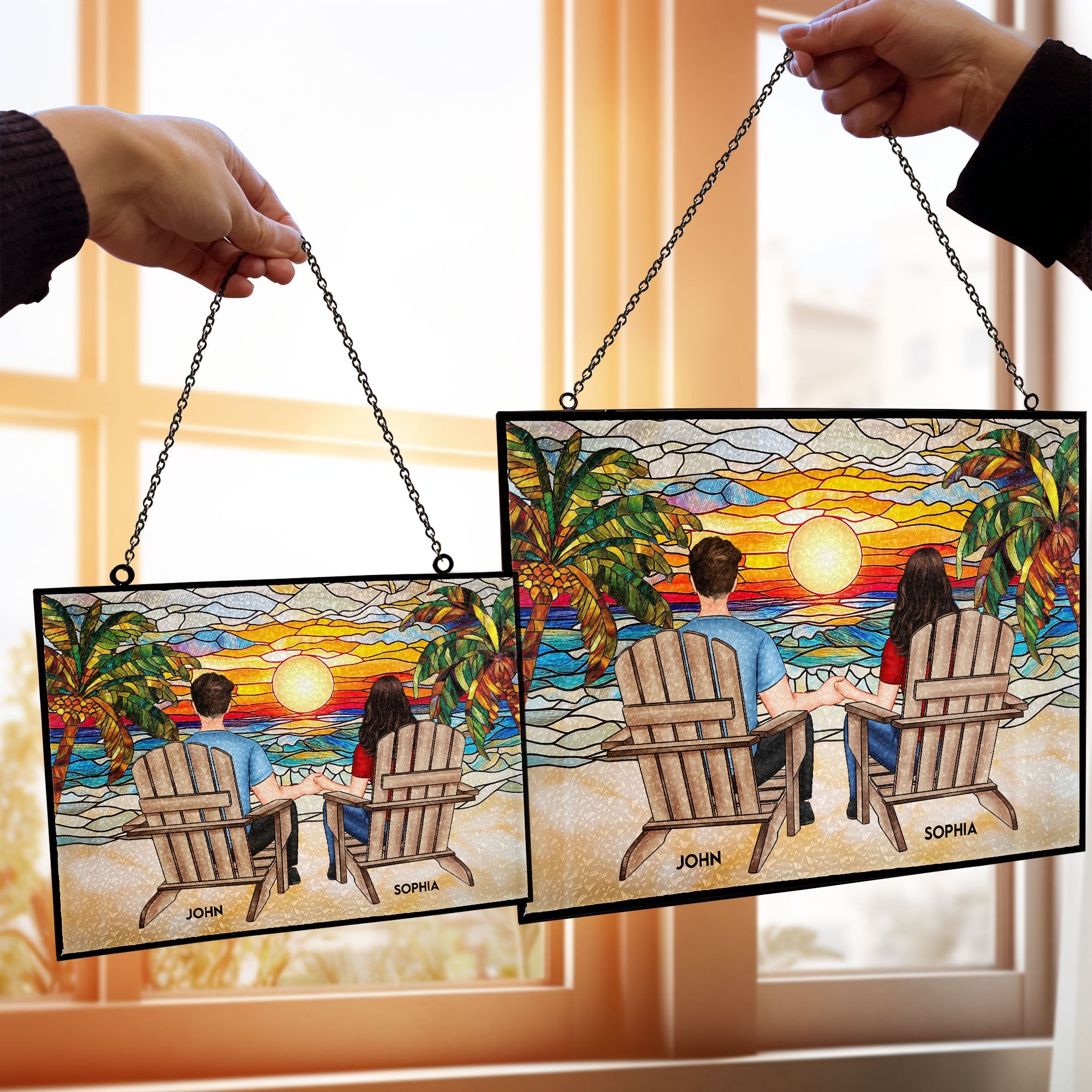 Couple Sitting Together - Personalized Stained Glass Suncatcher