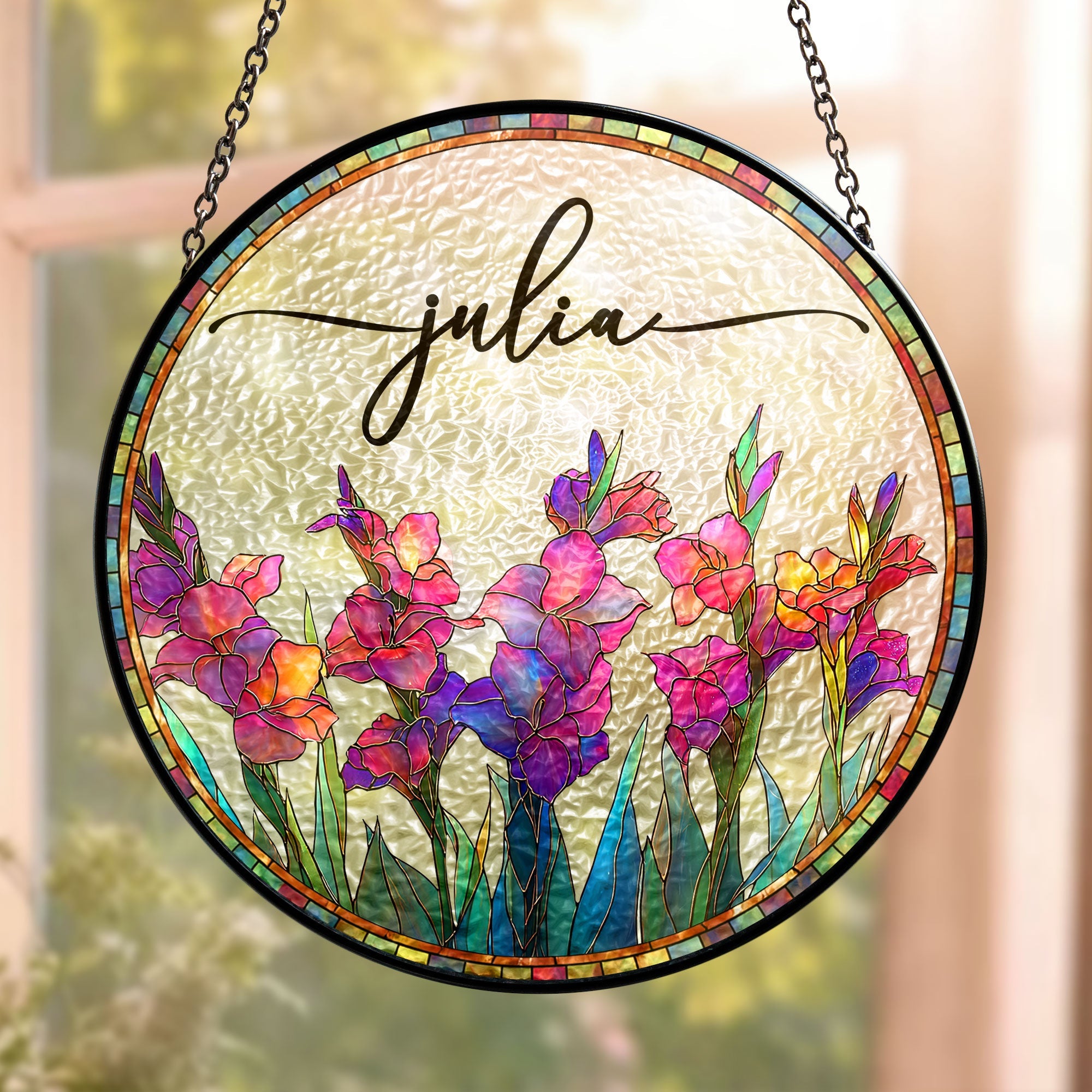 Custom Birth Flower & Name - Personalized Stained Glass Window Hanging Suncatcher