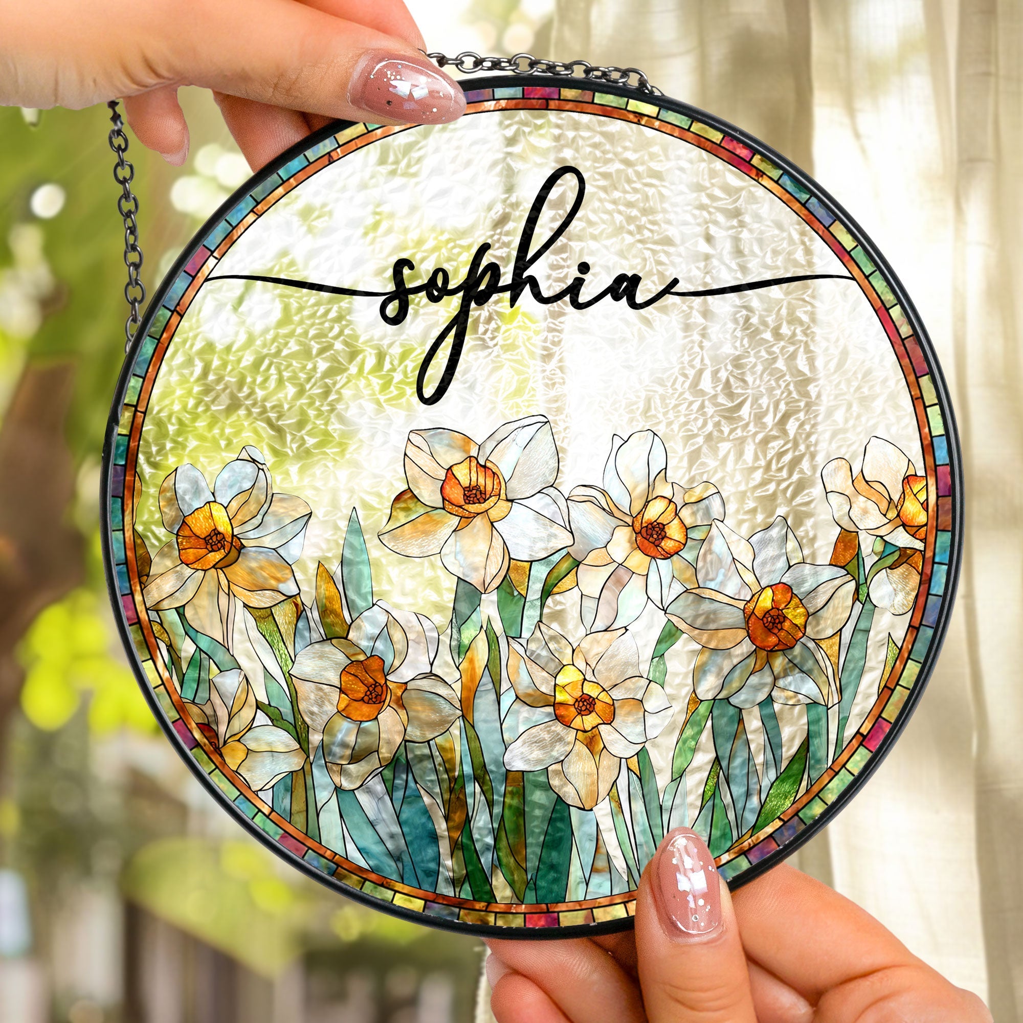 Custom Birth Flower & Name - Personalized Stained Glass Window Hanging Suncatcher