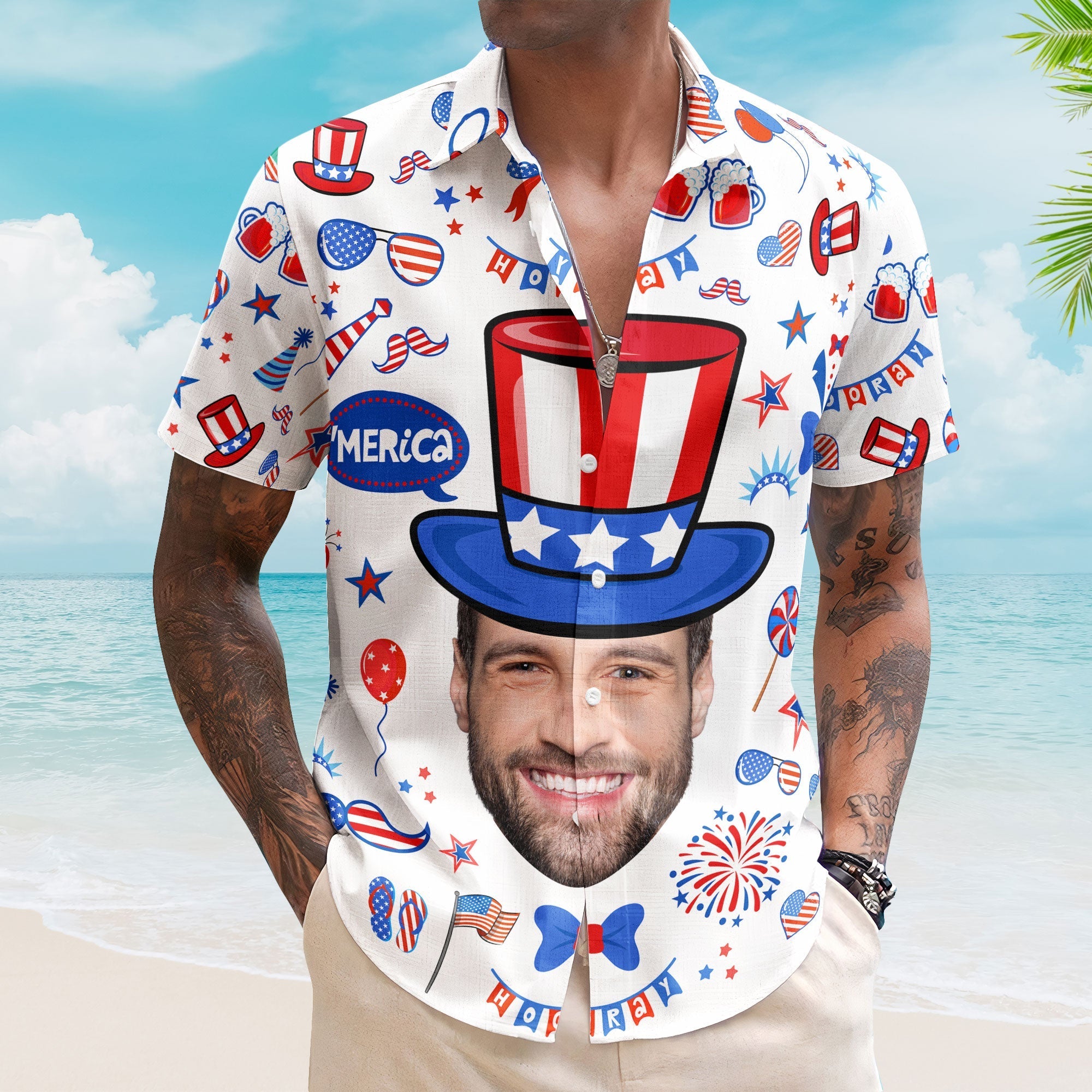 Custom Face Funny Happy 4th Of July - Personalized Photo Hawaiian Shirt - Independence Day Shirt