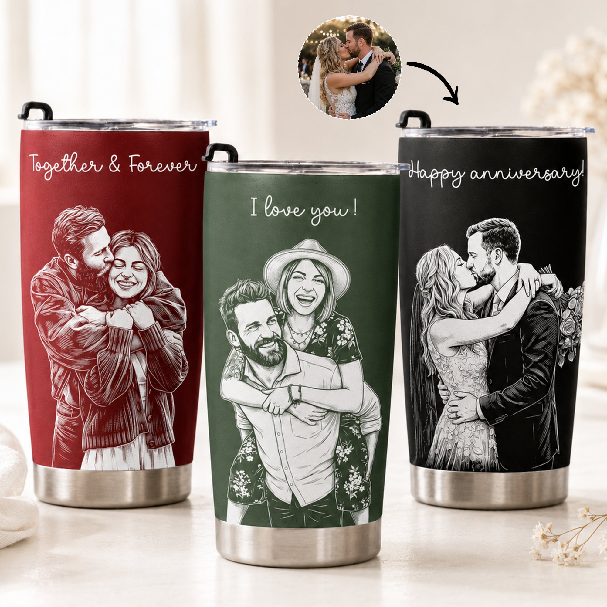 Personalized Couple Photo Sketch Line Art 20 oz Stainless Steel Tumbler