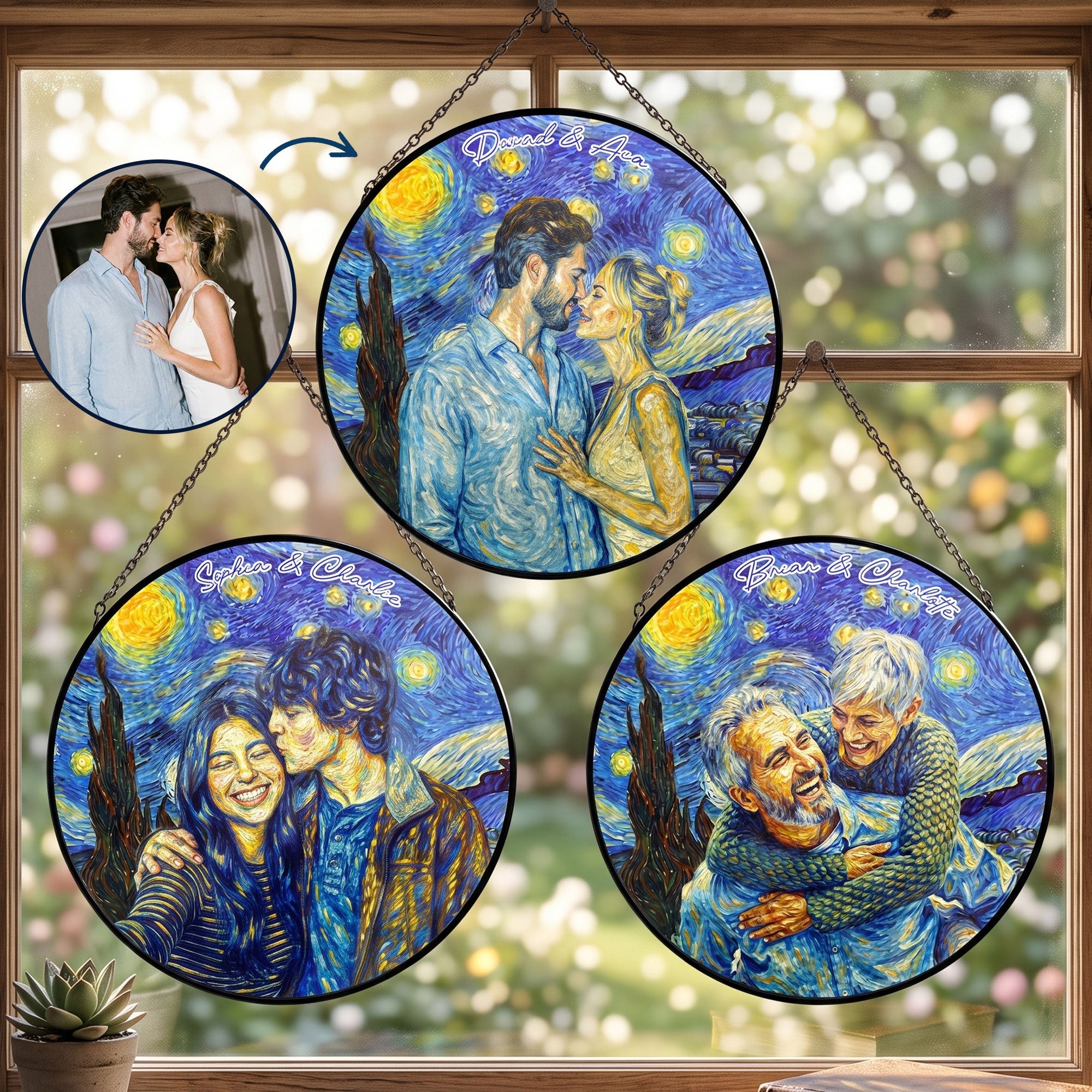 Custom Couple Photo Van Gogh Art Anniversary Valentine's Day Gifts - Personalized Window Hanging Suncatcher
