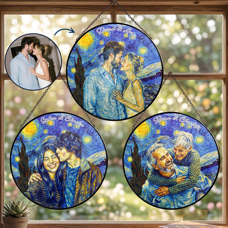 Custom Couple Photo Van Gogh Art Anniversary Valentine's Day Gifts - Personalized Window Hanging Suncatcher