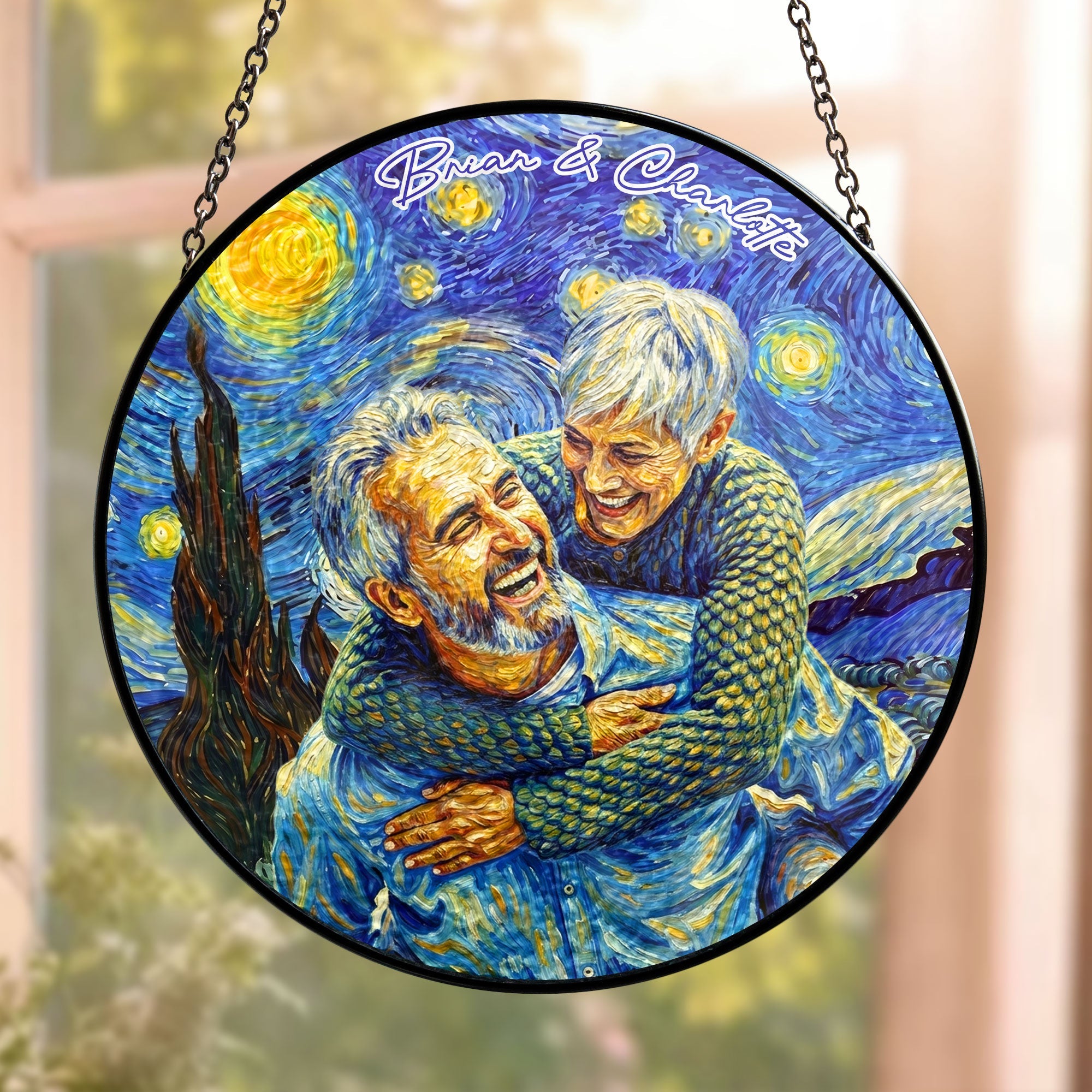 Custom Couple Photo Van Gogh Art Anniversary Valentine's Day Gifts - Personalized Window Hanging Suncatcher