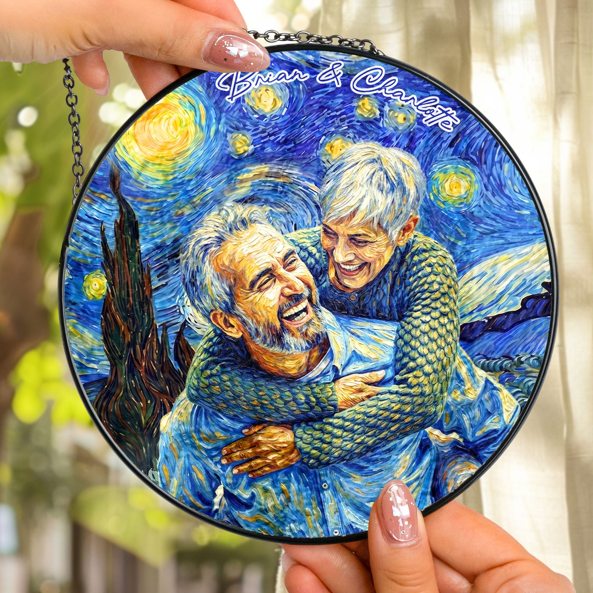 Custom Couple Photo Van Gogh Art Anniversary Valentine's Day Gifts - Personalized Window Hanging Suncatcher