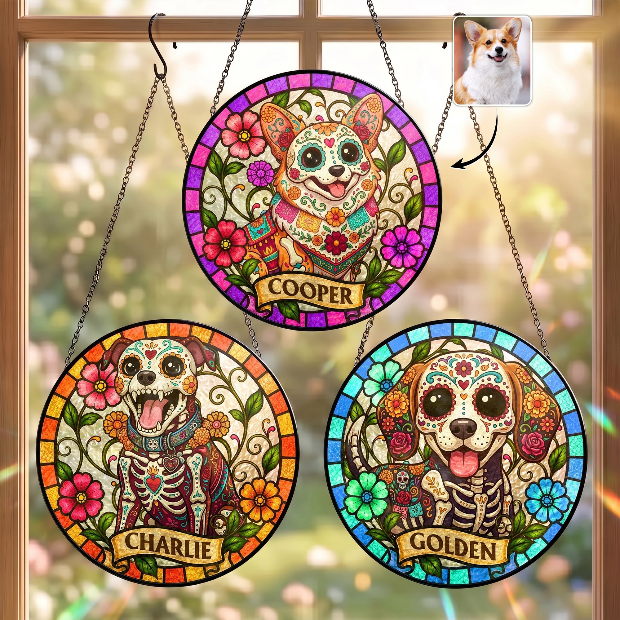 Custom Pet Portrait Day Of The Dead Style - Personalized Window Hanging Suncatcher