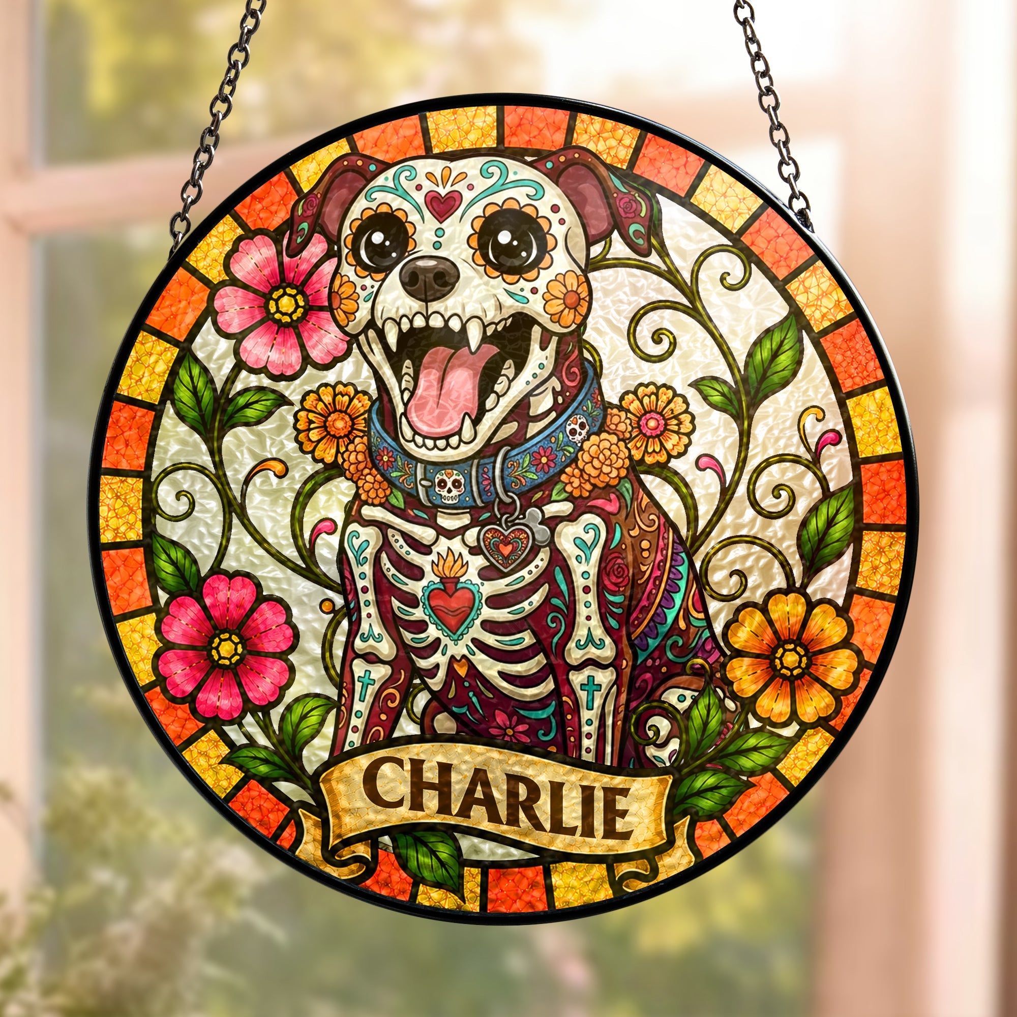 Custom Pet Portrait Day Of The Dead Style - Personalized Window Hanging Suncatcher