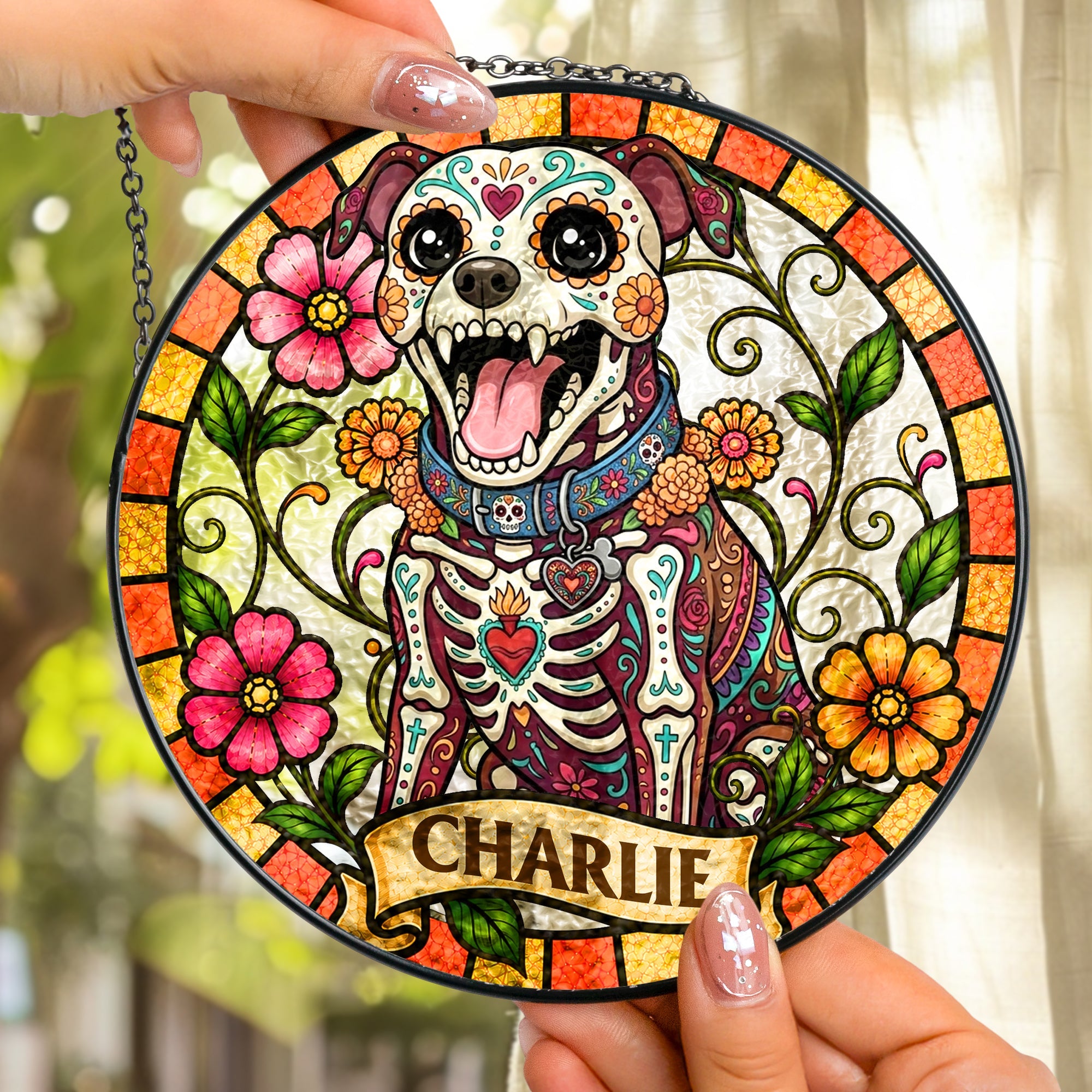 Custom Pet Portrait Day Of The Dead Style - Personalized Window Hanging Suncatcher