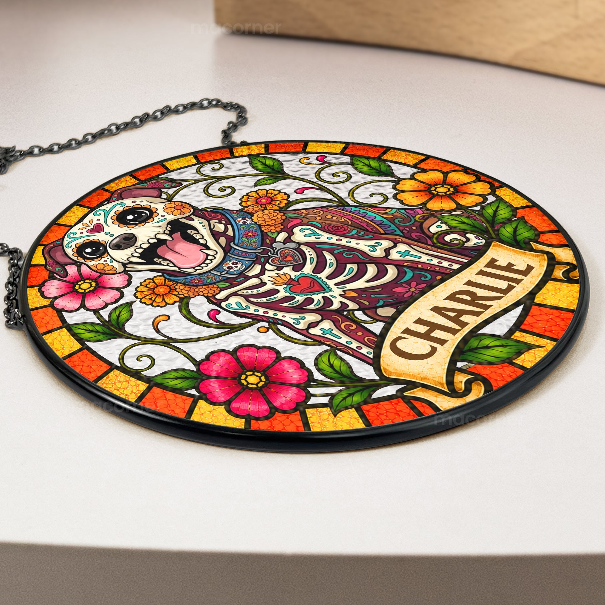 Custom Pet Portrait Day Of The Dead Style - Personalized Window Hanging Suncatcher