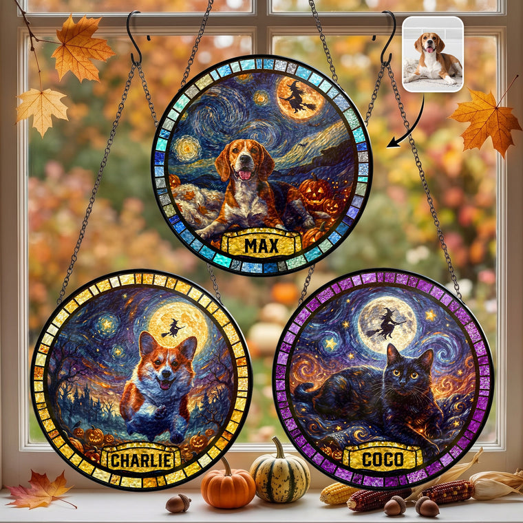 Custom Pet Portrait Halloween Van Gogh Art - Personalized Window Hanging Suncatcher