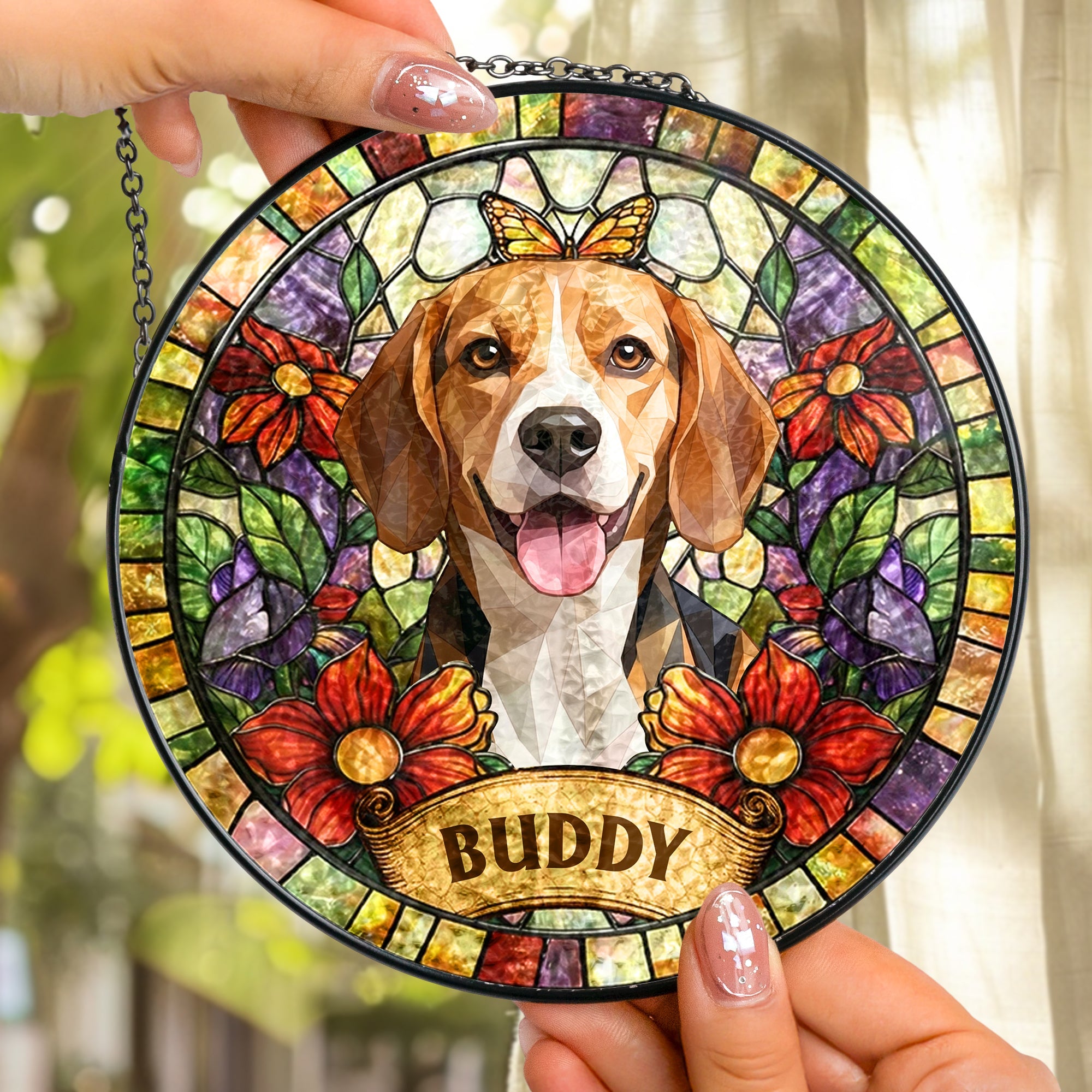 Custom Pet Portrait Stained Glass Style Gift For Pet Lovers - Personalized Window Hanging Suncatcher