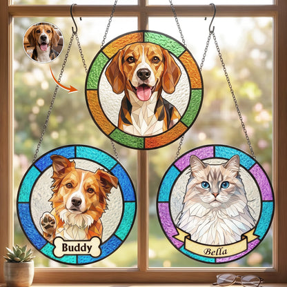 Custom Pet Portrait Stained Glass Style Gift For Pet Owners - Personalized Window Hanging Suncatcher