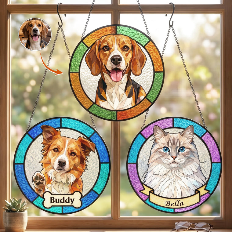 Custom Pet Portrait Stained Glass Style Gift For Pet Owners - Personalized Window Hanging Suncatcher