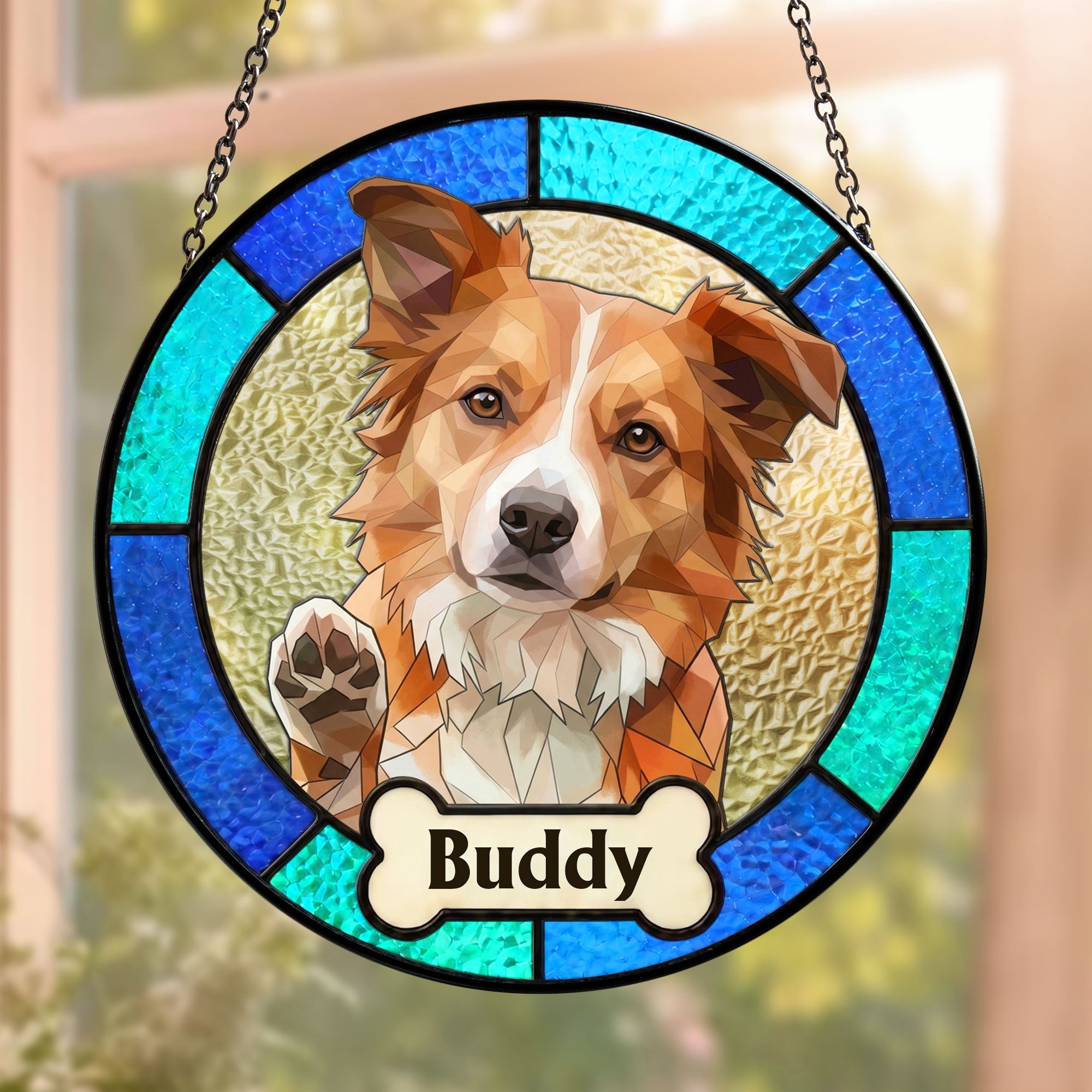 Custom Pet Portrait Stained Glass Style Gift For Pet Owners - Personalized Window Hanging Suncatcher
