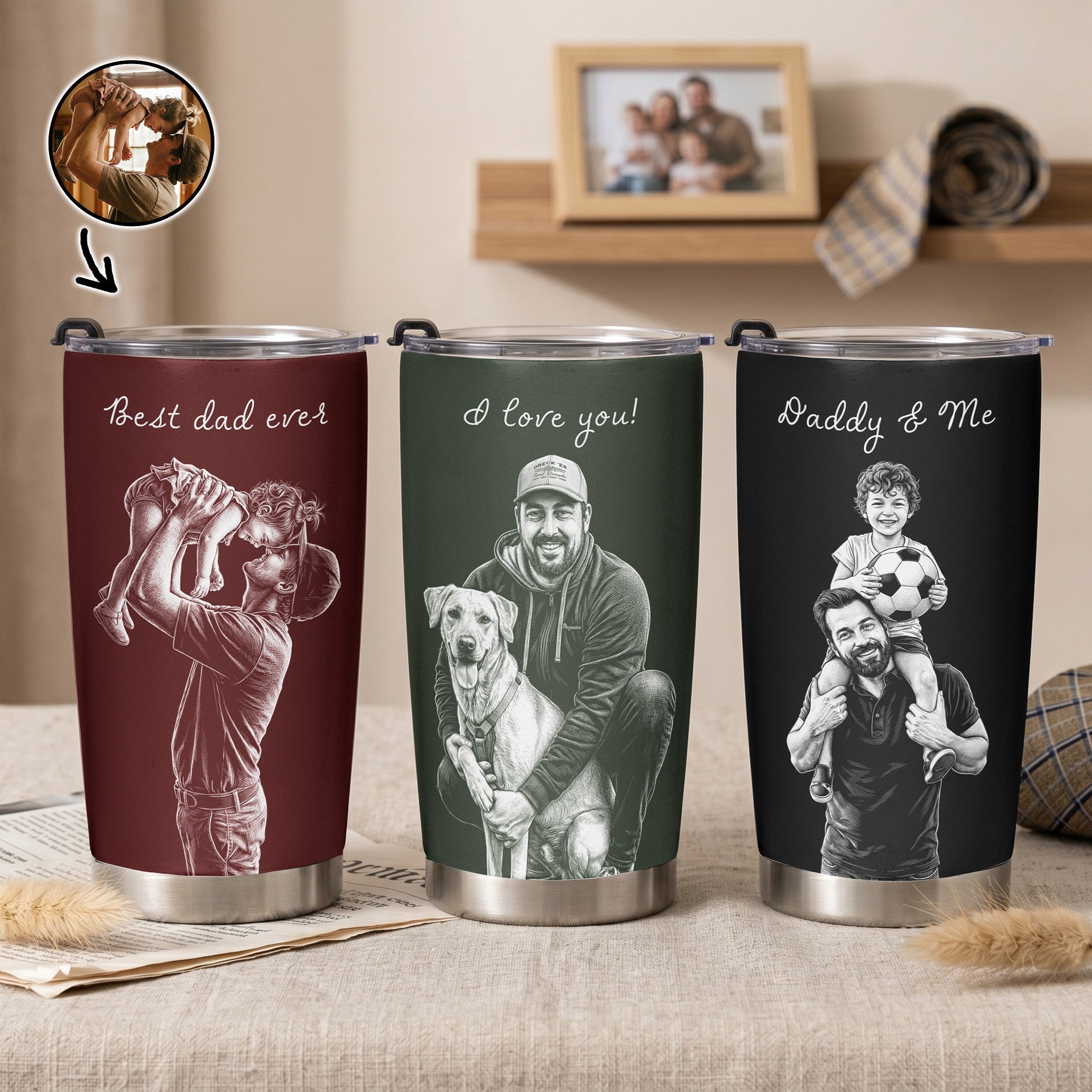 Personalized Photo Sketch 20 oz Stainless Steel Tumbler for Dad, Husband or Grandpa