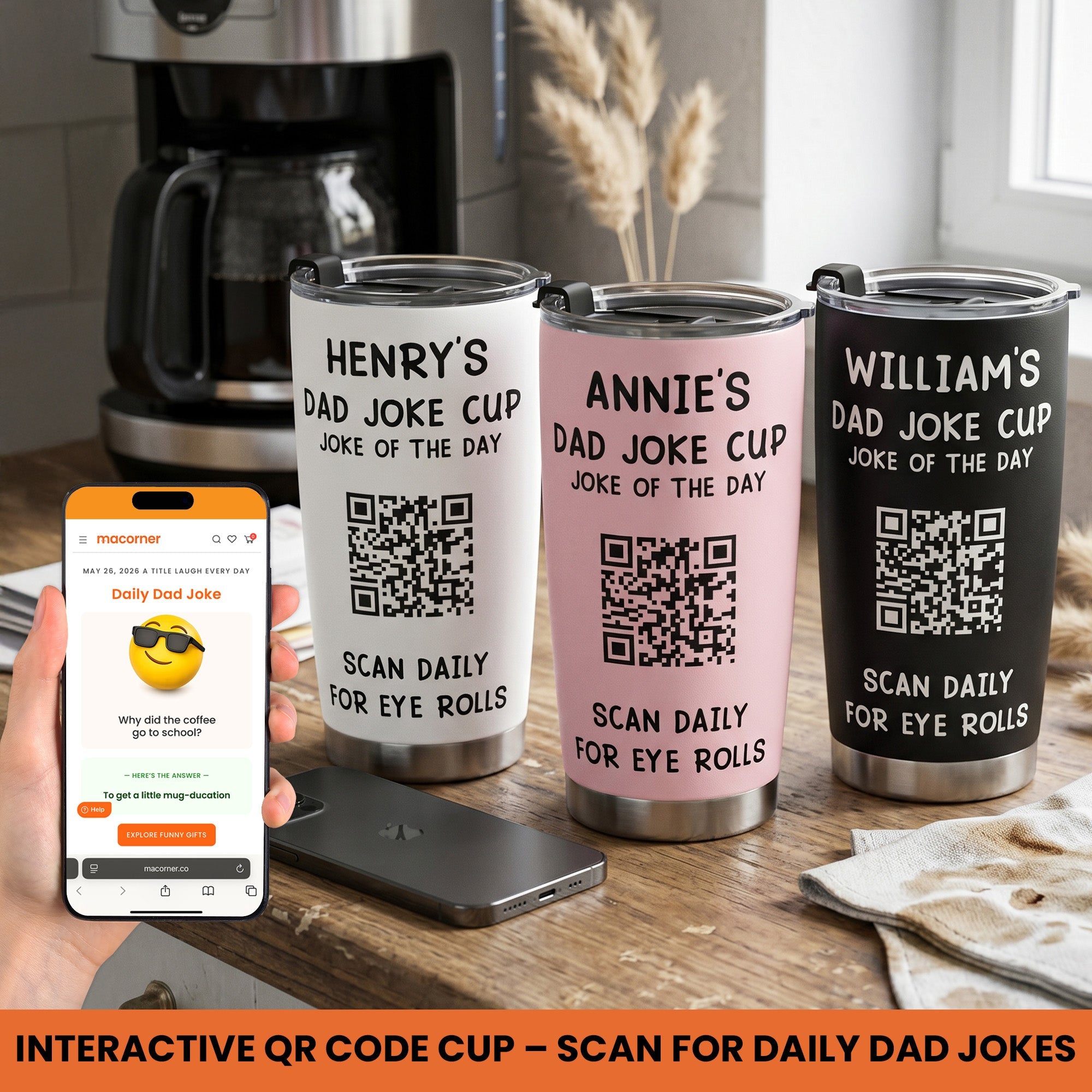 Dad Joke Every Day Interactive QR Funny Cup - Gifts For Dad, Coworkers, Friends Who Love Dad Jokes - Personalized Tumbler