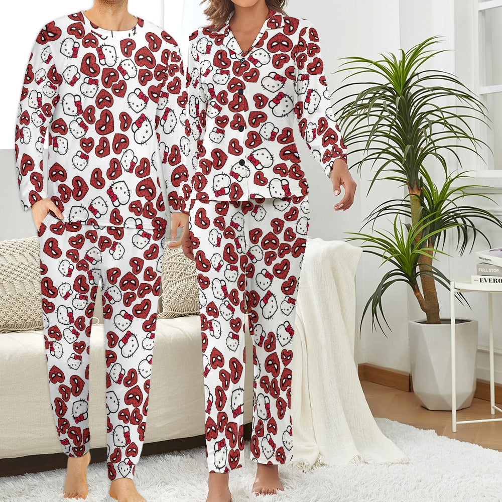 Couples' Matching spider kitty double hearts Pajama Set