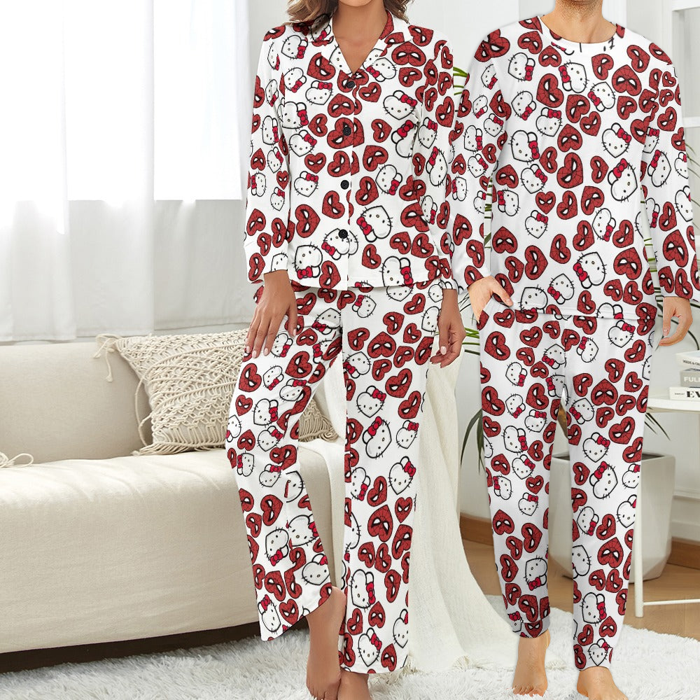 Couples' Matching spider kitty double hearts Pajama Set