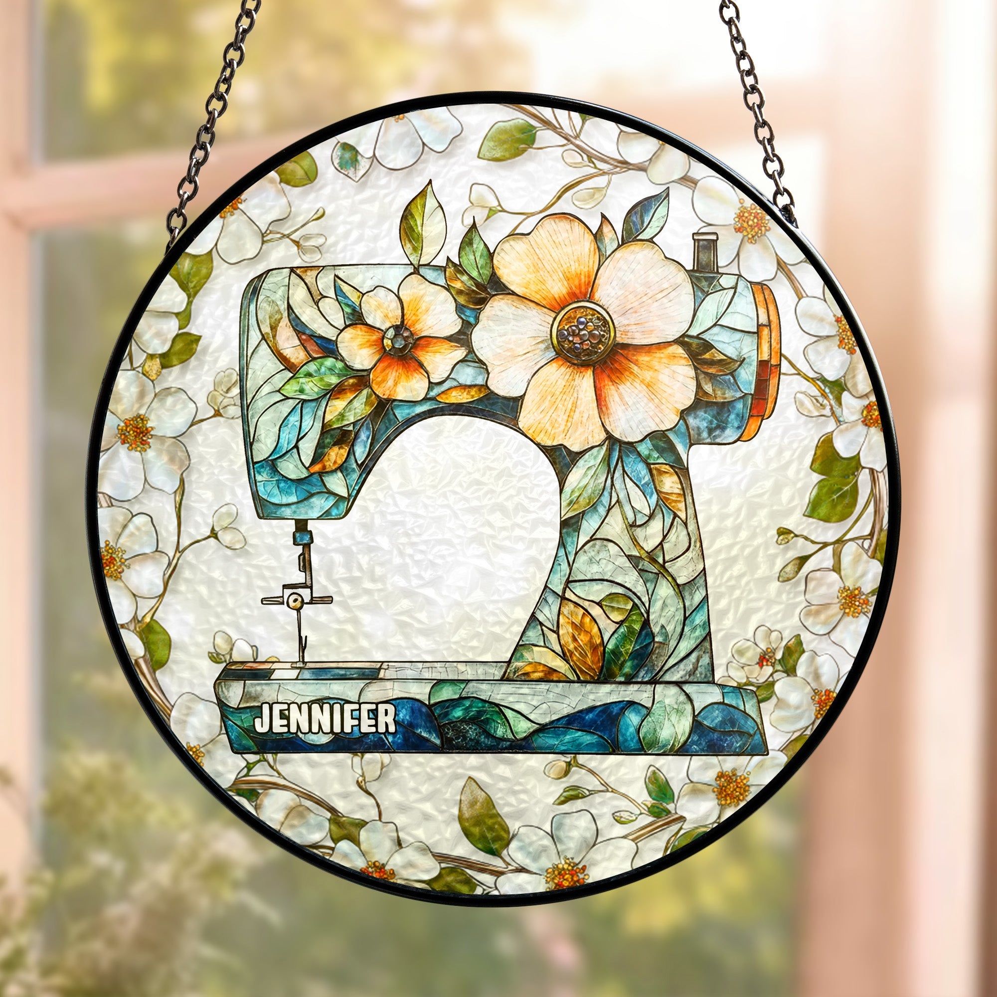 Floral Sewing Machine - Personalized Stained Glass Window Hanging Suncatcher