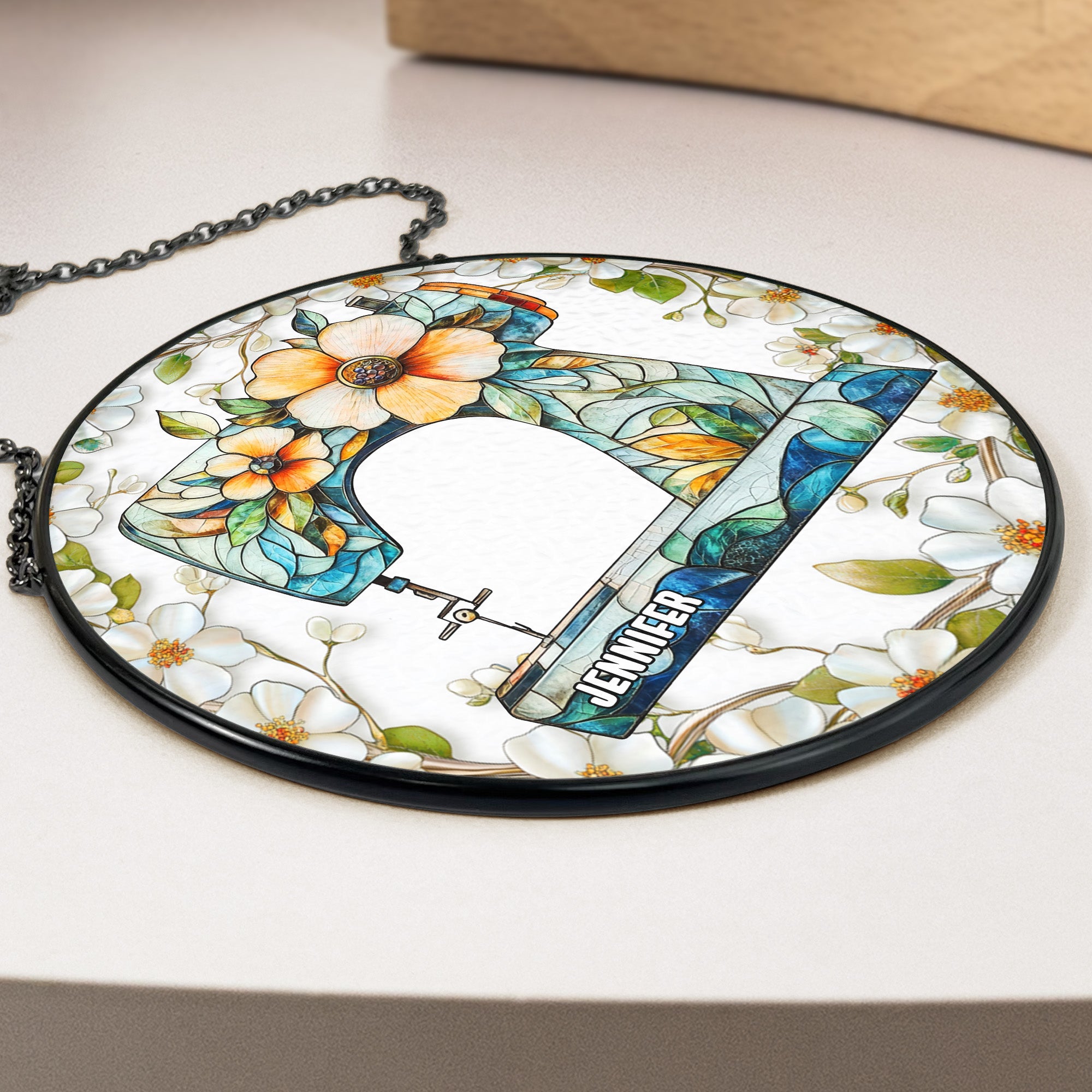 Floral Sewing Machine - Personalized Stained Glass Window Hanging Suncatcher