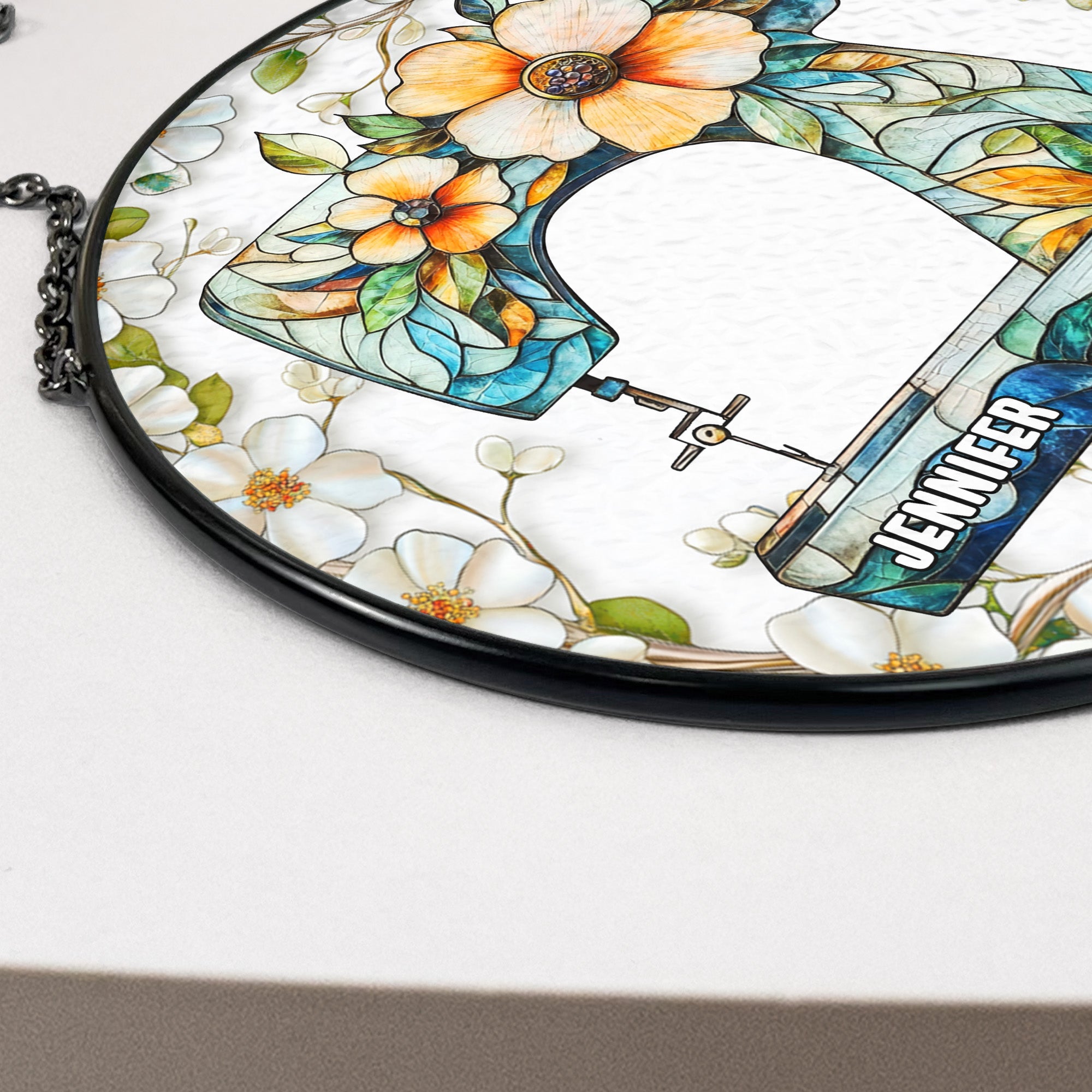 Floral Sewing Machine - Personalized Stained Glass Window Hanging Suncatcher