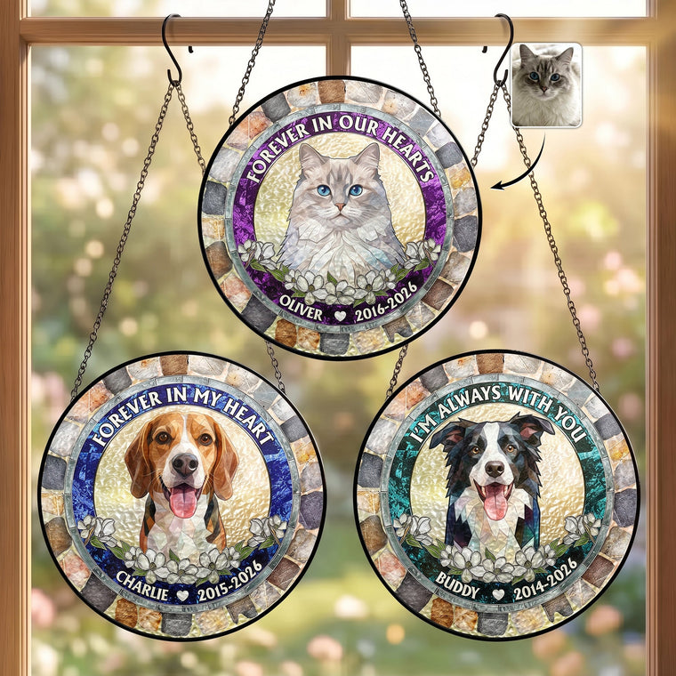 Forever In My Heart Custom Pet Photo Stained Glass Style - Personalized Window Haning Suncatcher