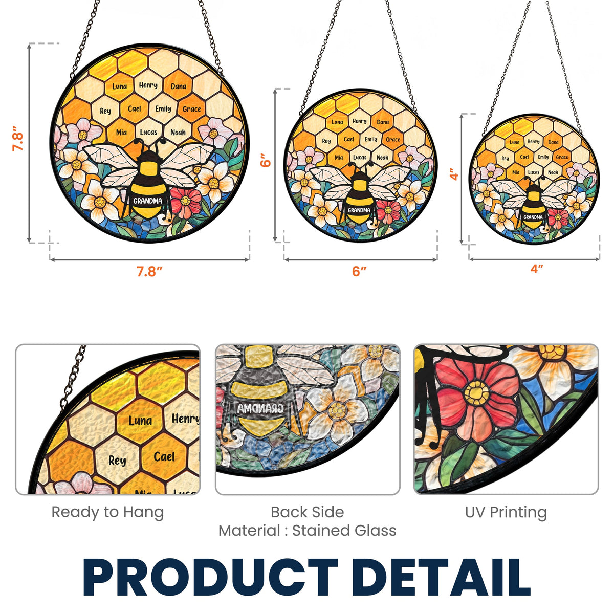 Grandma's Garden Bee - Personalized Stained Glass Window Hanging Suncatcher Ornament
