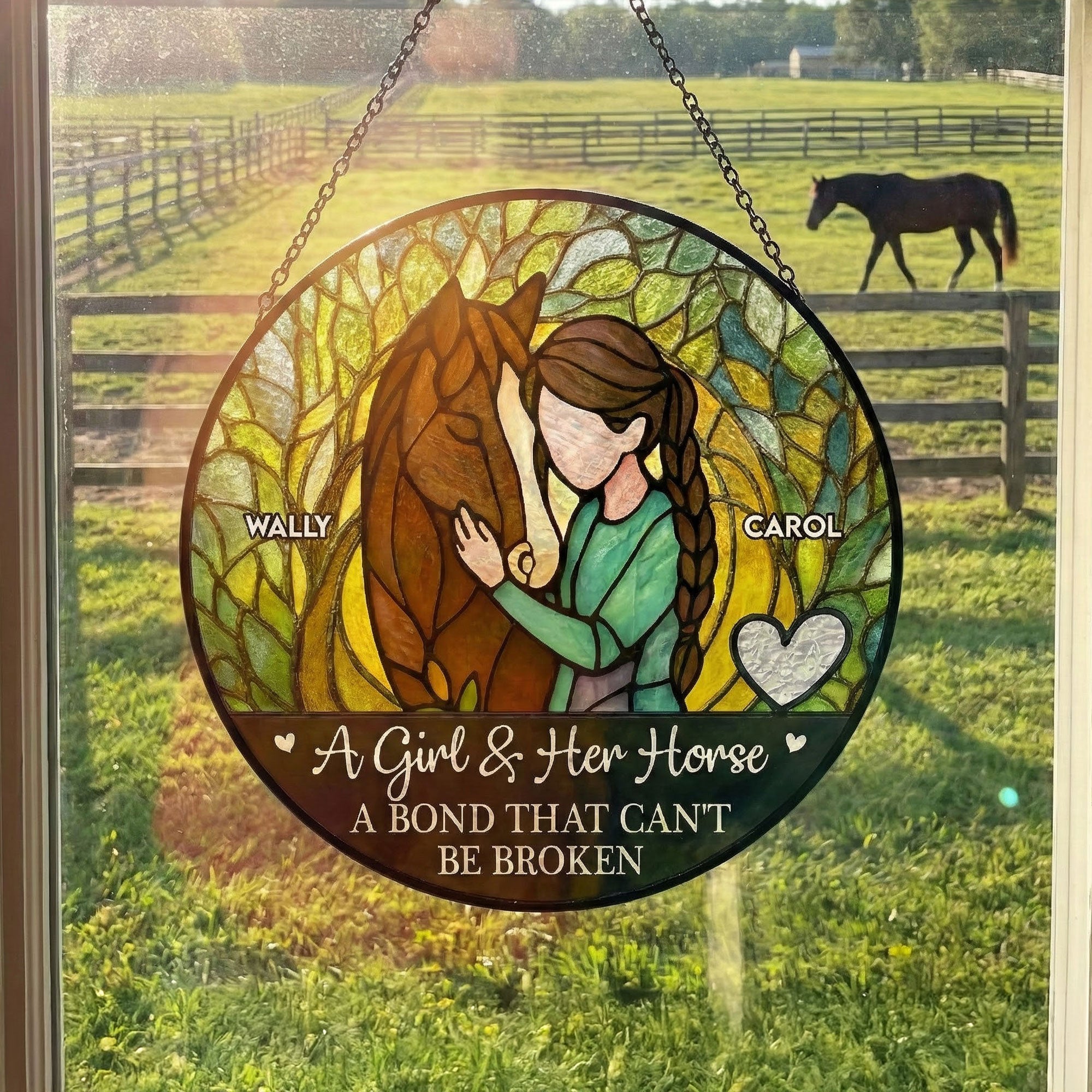 Girl & Horse A Bond Can't Be Broken - Personalized Stained Glass Window Hanging Suncatcher