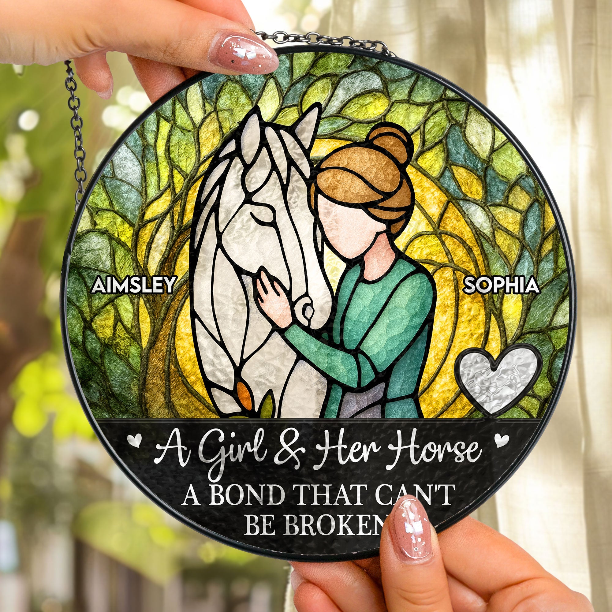 Girl & Horse A Bond Can't Be Broken - Personalized Stained Glass Window Hanging Suncatcher