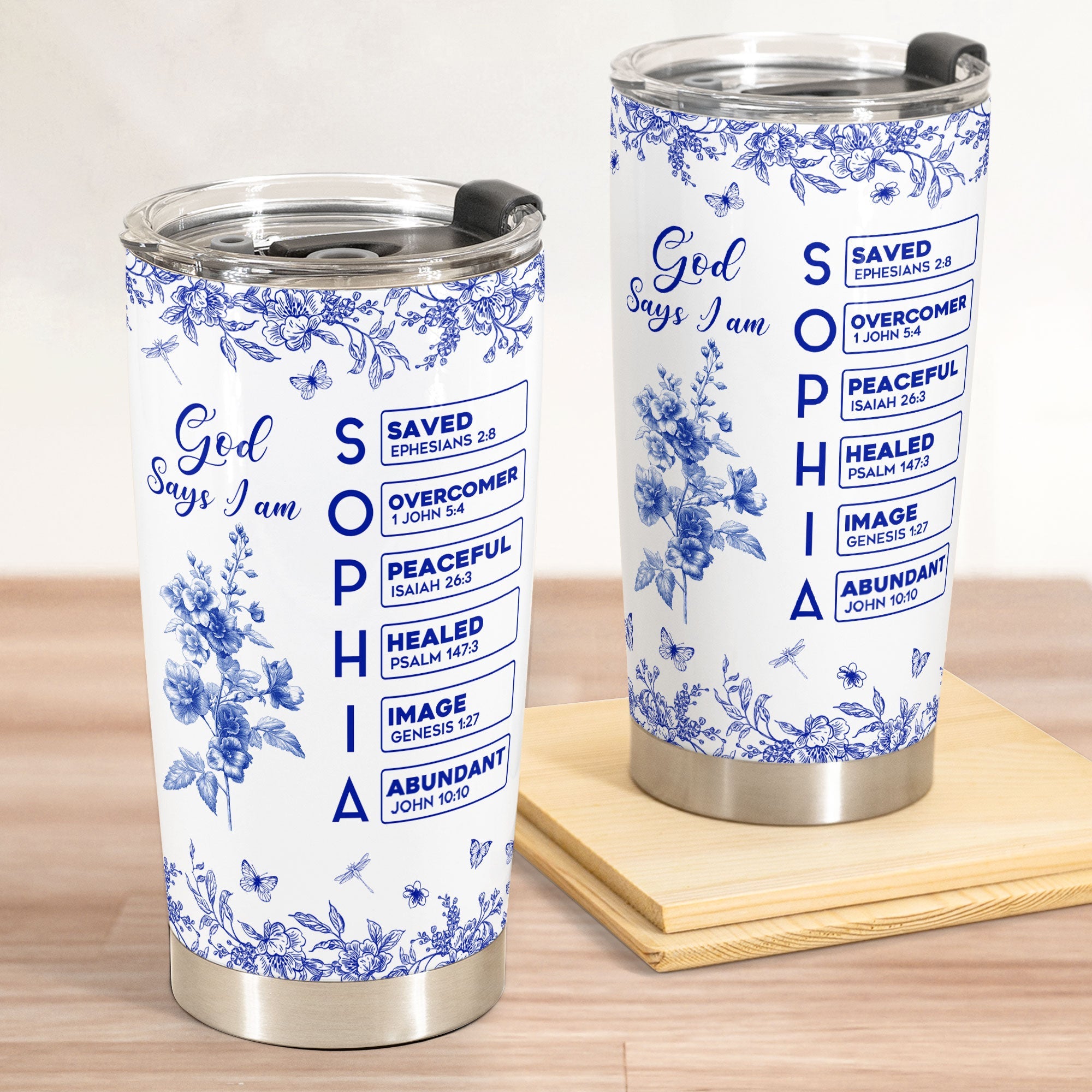 Personalized God Says I Am Bible Birth Flower Toile de Jouy 20 oz Tumbler