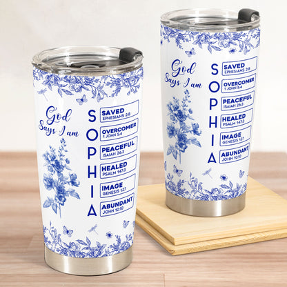 Personalized God Says I Am Bible Birth Flower Toile de Jouy 20 oz Tumbler