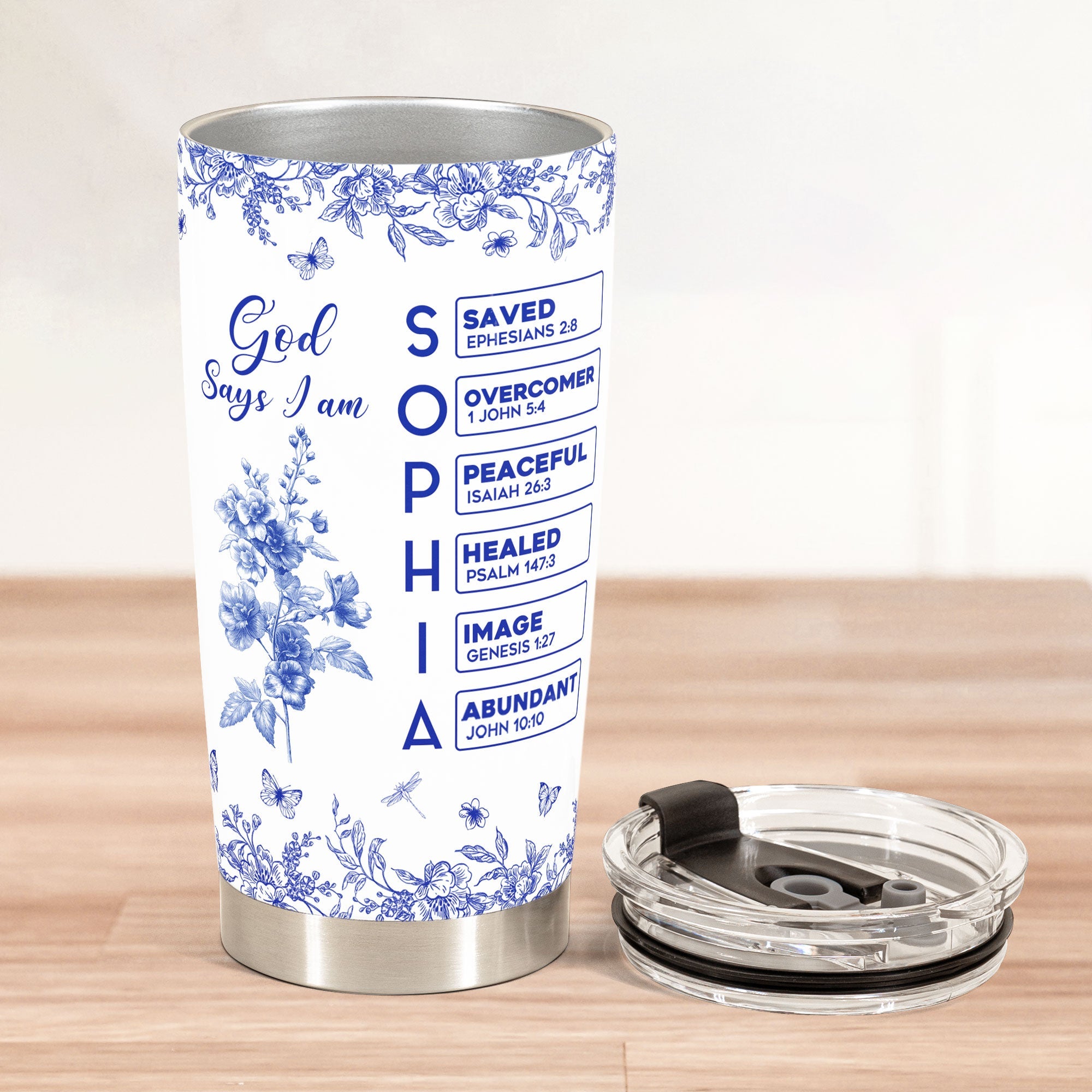 Personalized God Says I Am Bible Birth Flower Toile de Jouy 20 oz Tumbler