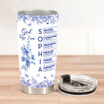 Personalized God Says I Am Bible Birth Flower Toile de Jouy 20 oz Tumbler