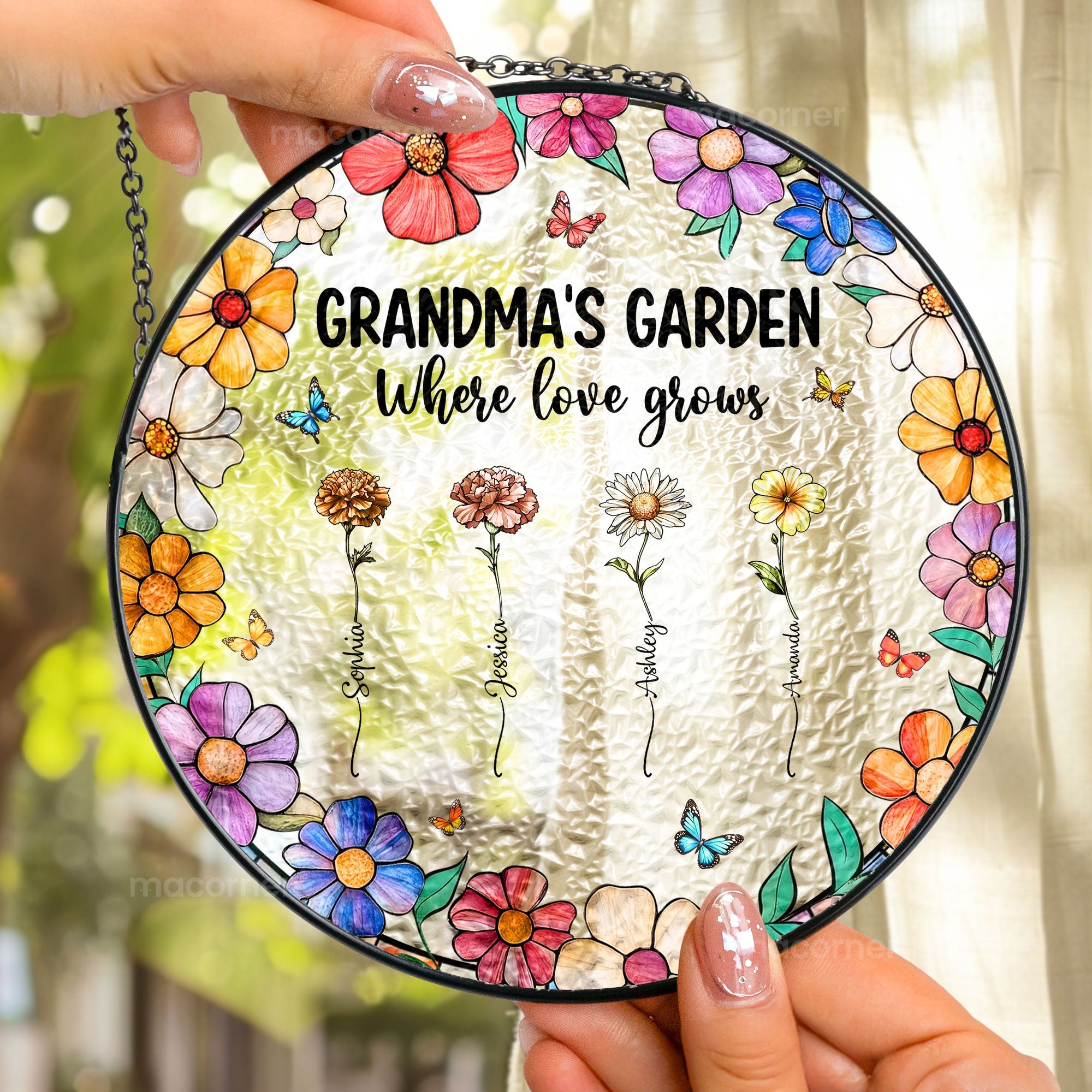 Grandma's Garden Ver 2 - Personalized Stained Glass Window Hanging Suncatcher Ornament