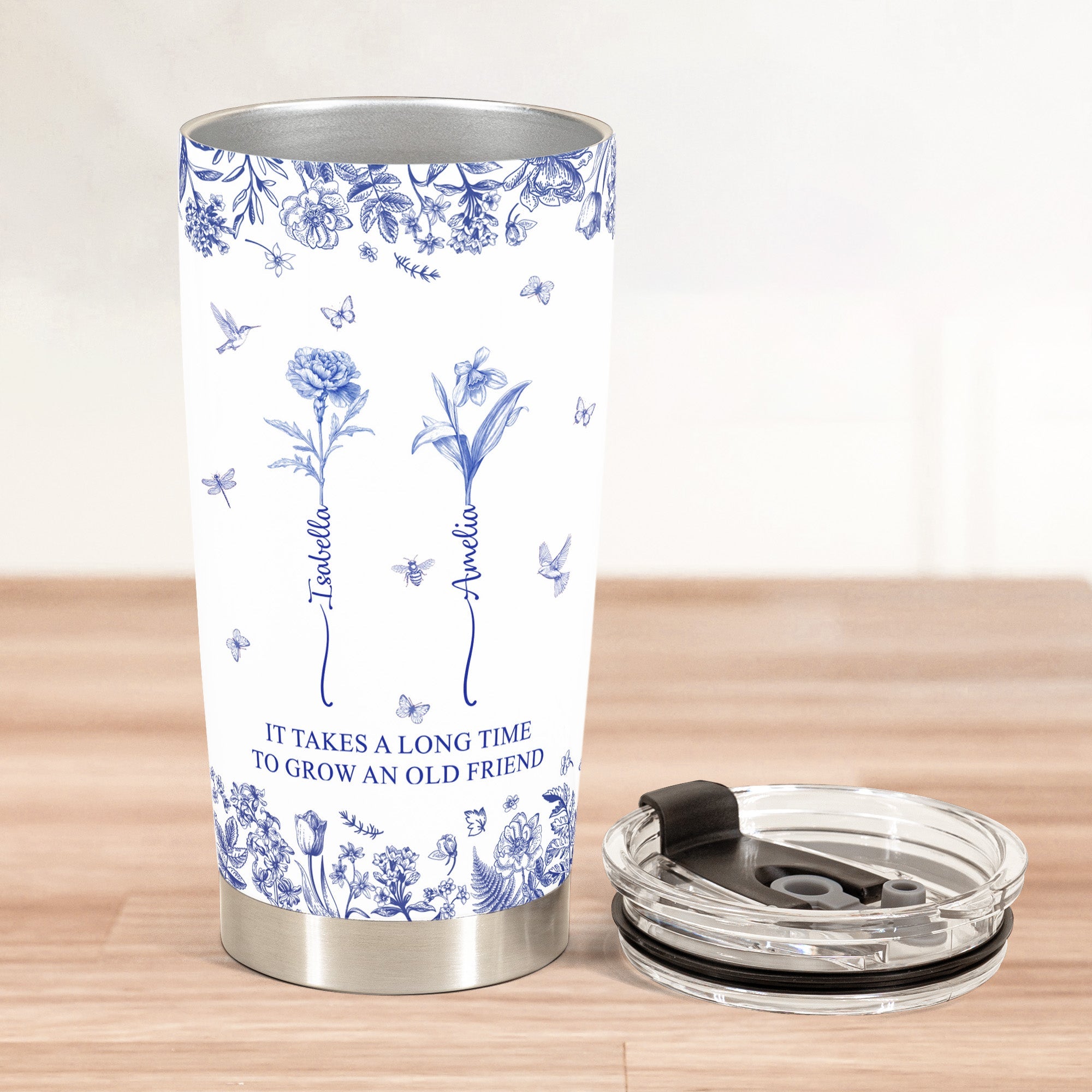 It Takes A Long Time To Grow An Old Friend Custom Birth Flower Toile De Jouy - Personalized Tumbler Cup - Gift For Friend