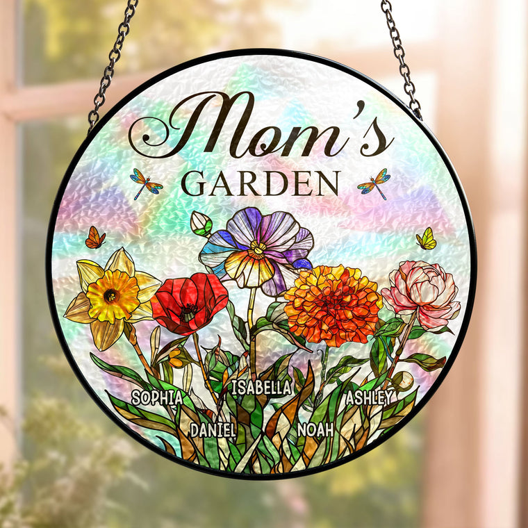 Mom's Garden Custom With Birth Flowers - Personalized Window Hanging Suncatcher