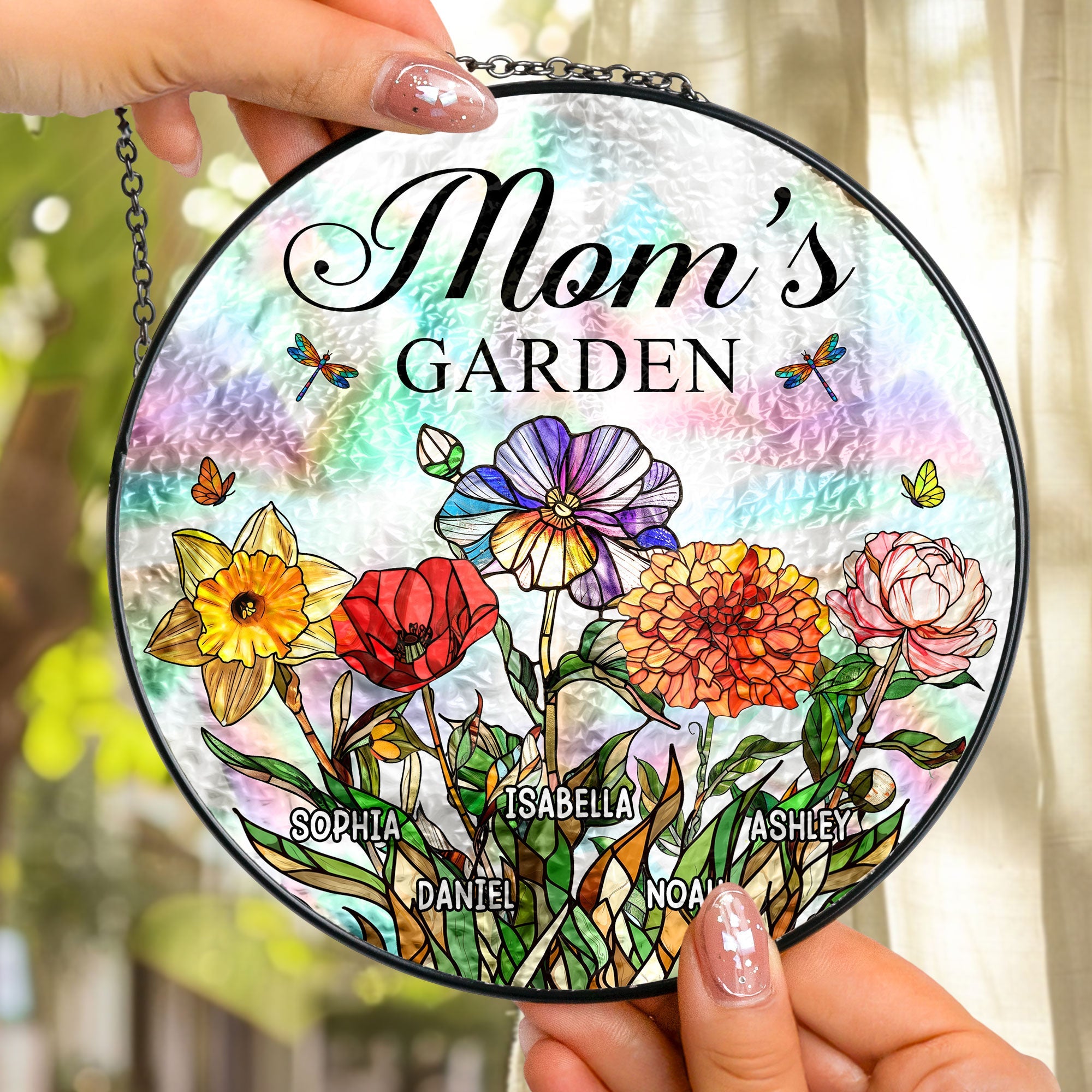 Mom's Garden Custom With Birth Flowers - Personalized Window Hanging Suncatcher